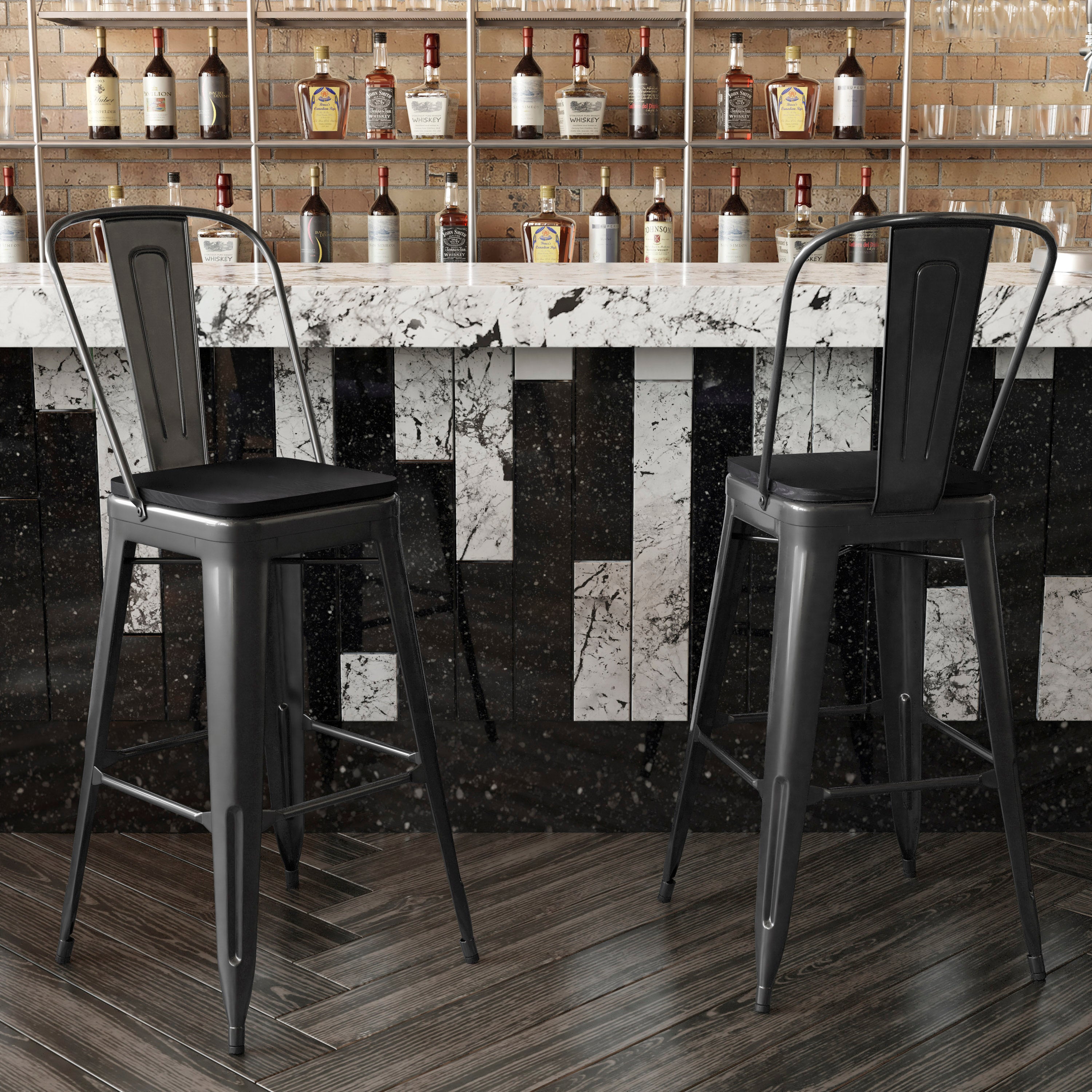 Kai Commercial Grade 30" High Black Metal Indoor-Outdoor Bar Height Stool with Removable Back and Black All-Weather Poly Resin Seat
