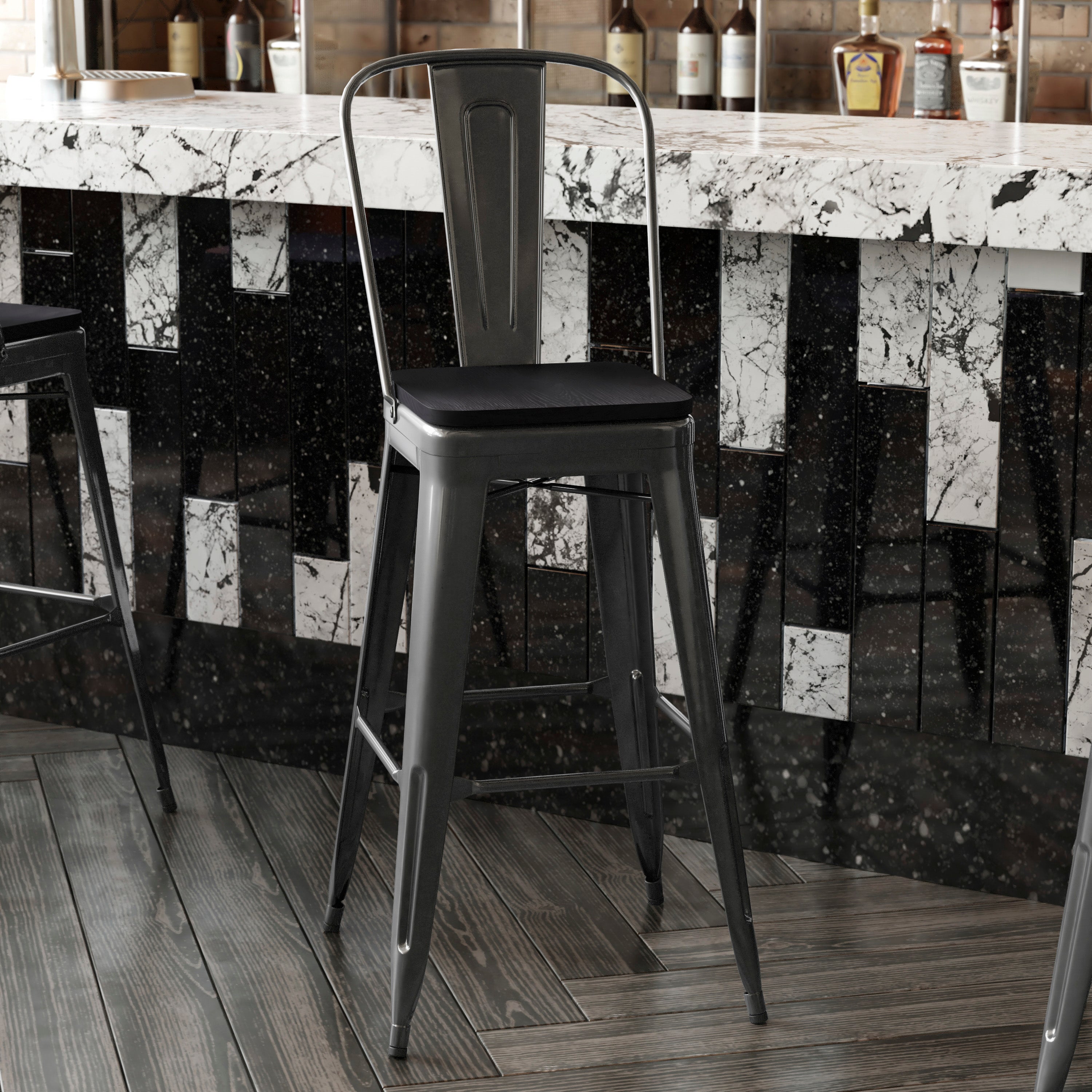 Kai Commercial Grade 30" High Black Metal Indoor-Outdoor Bar Height Stool with Removable Back and Black All-Weather Poly Resin Seat