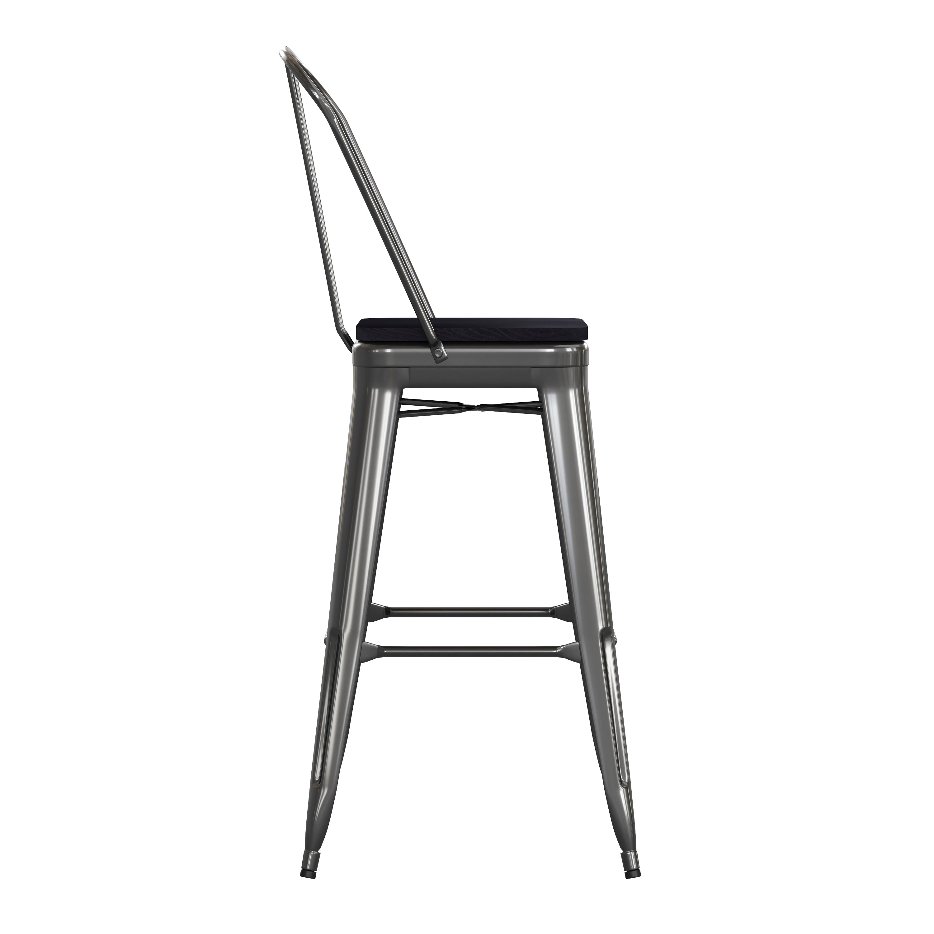 Kai Commercial Grade 30" High Black Metal Indoor-Outdoor Bar Height Stool with Removable Back and Black All-Weather Poly Resin Seat