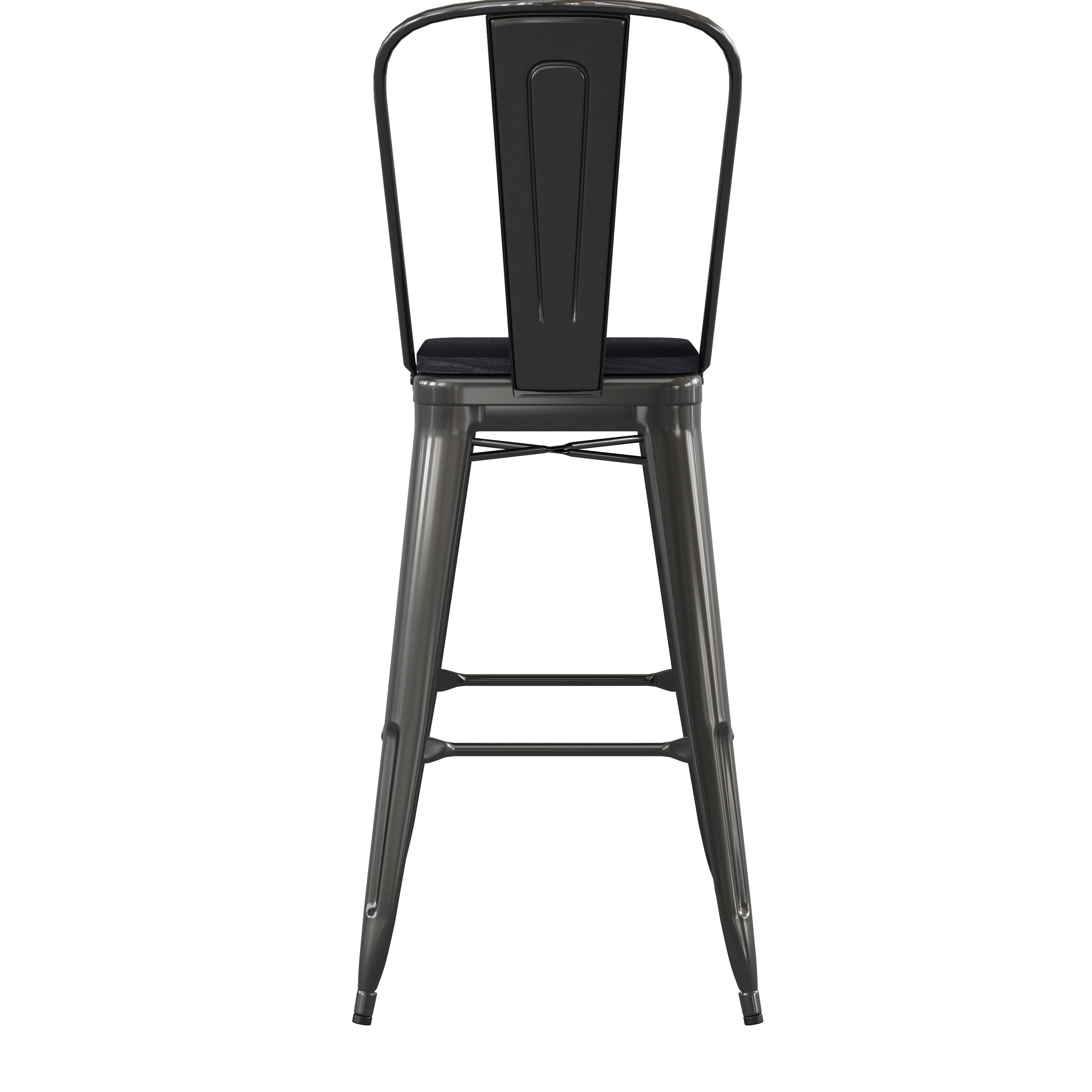 Kai Commercial Grade 30" High Black Metal Indoor-Outdoor Bar Height Stool with Removable Back and Black All-Weather Poly Resin Seat
