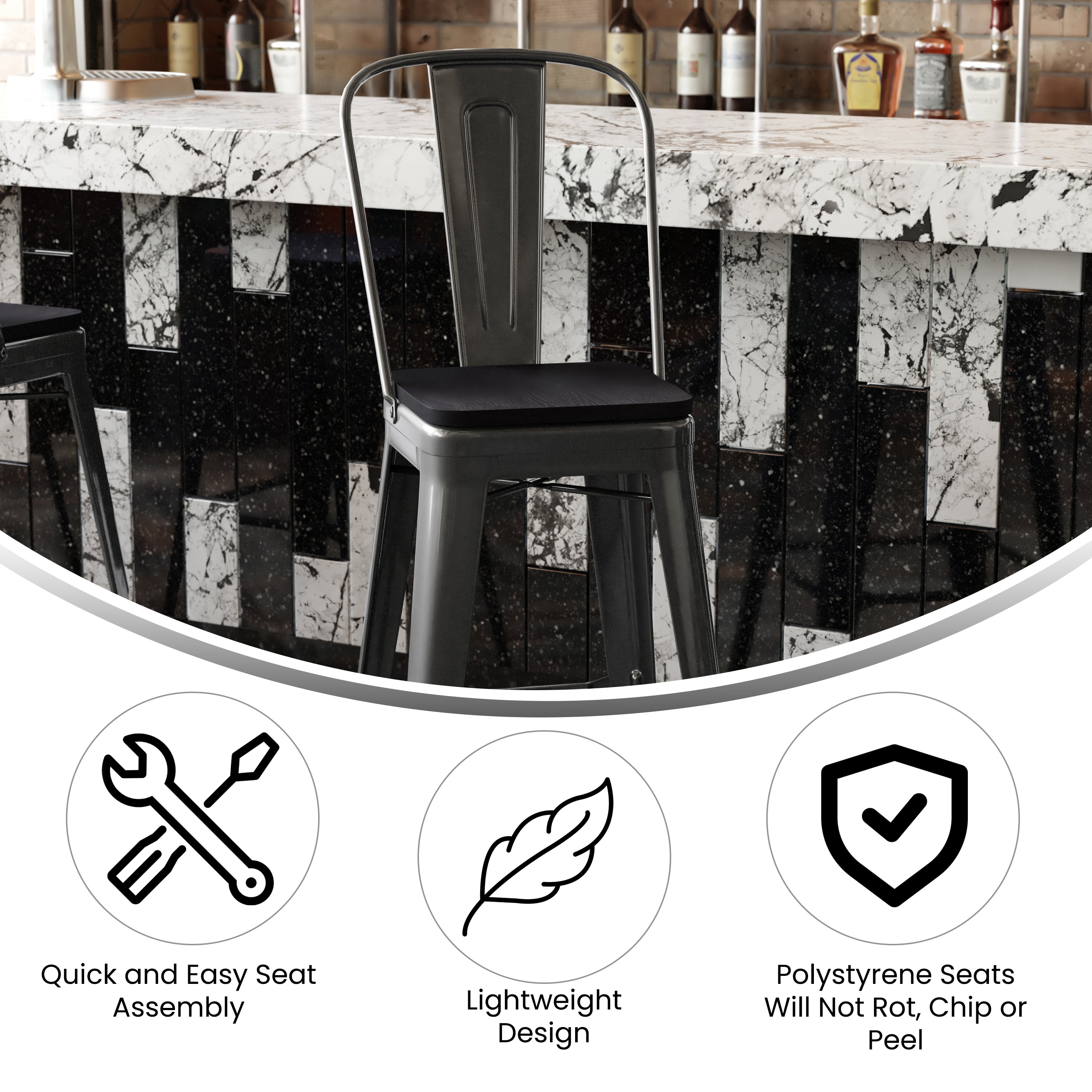 Kai Commercial Grade 30" High Black Metal Indoor-Outdoor Bar Height Stool with Removable Back and Black All-Weather Poly Resin Seat