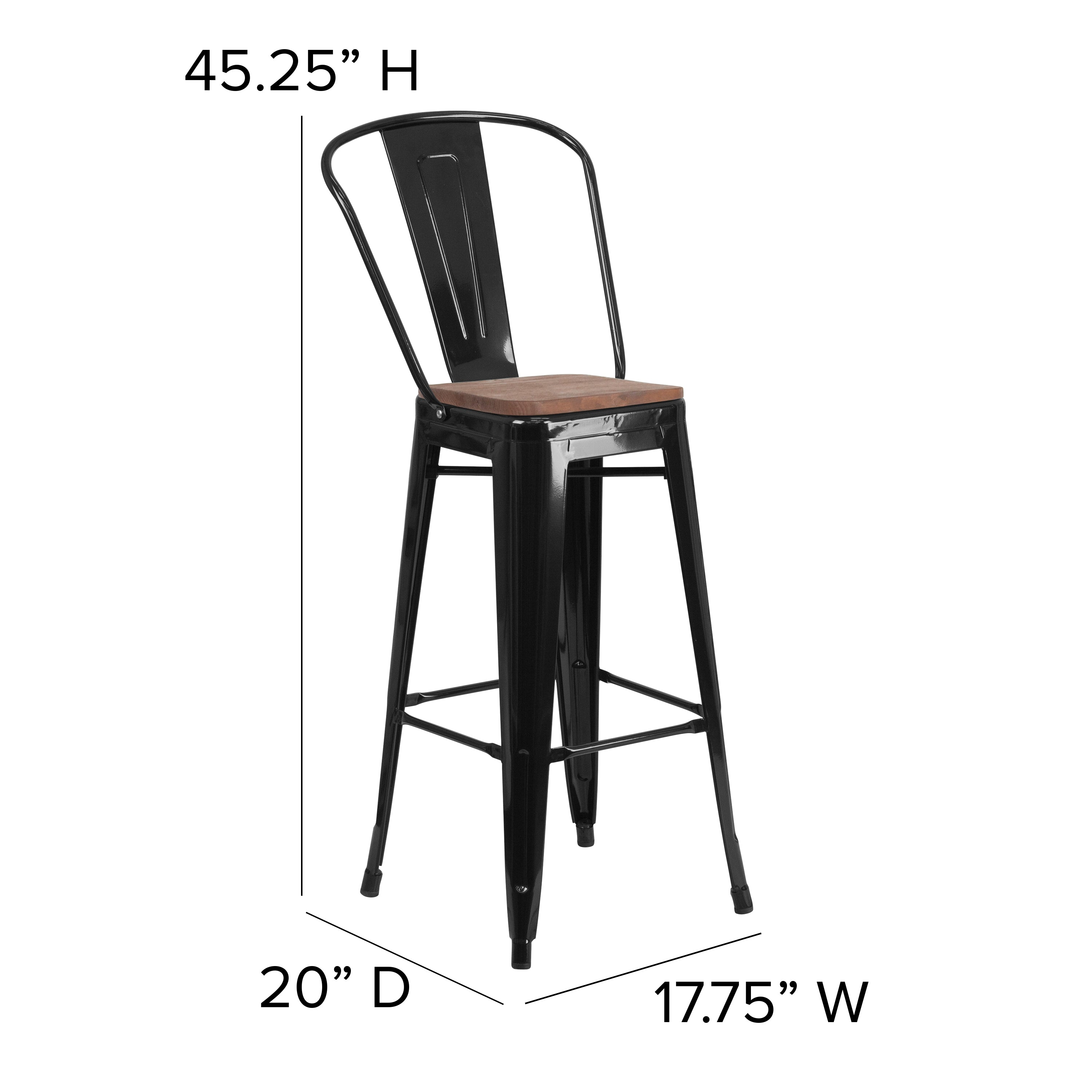 Lily 30" High Black Metal Barstool with Back and Wood Seat