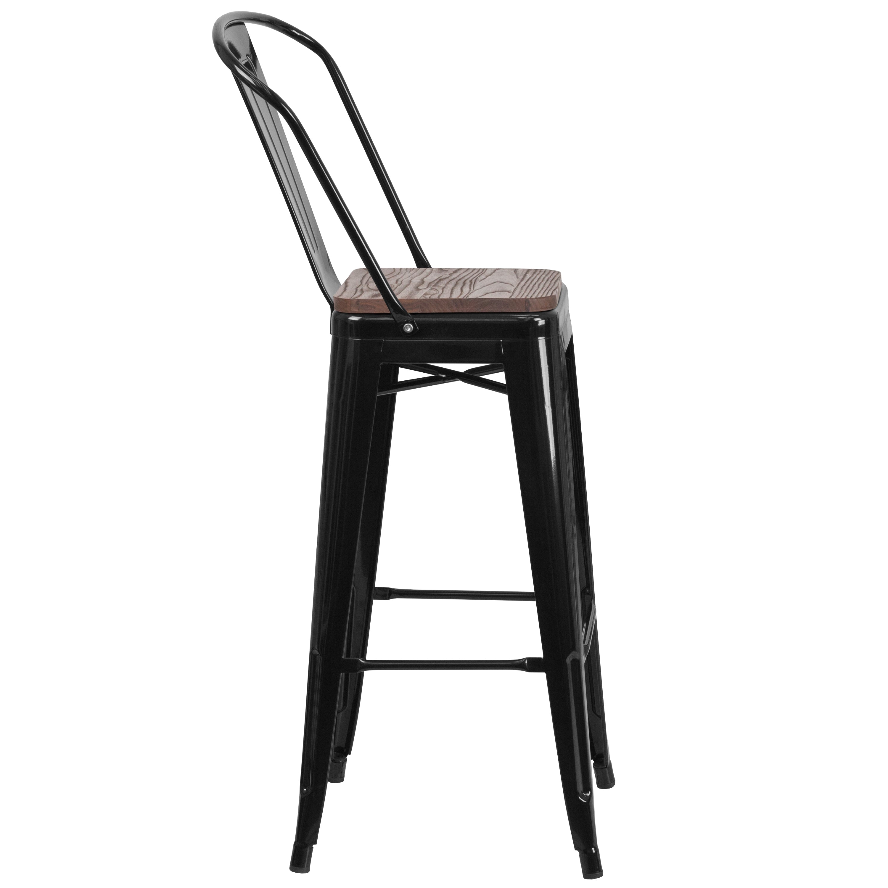 Lily 30" High Black Metal Barstool with Back and Wood Seat