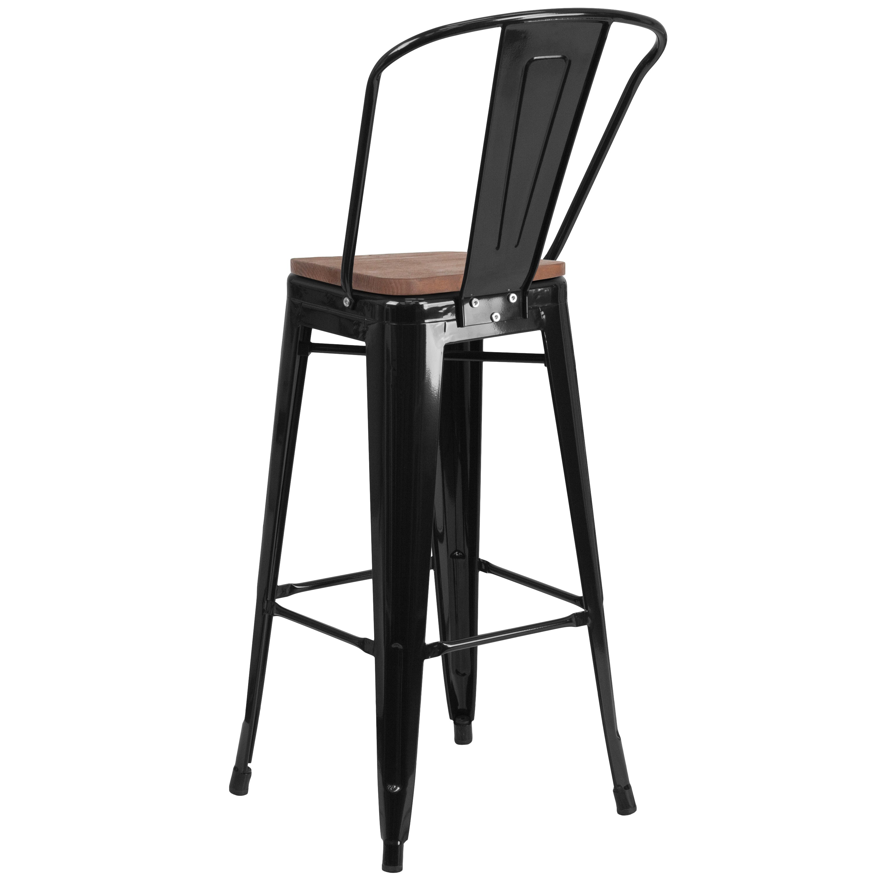 Lily 30" High Black Metal Barstool with Back and Wood Seat