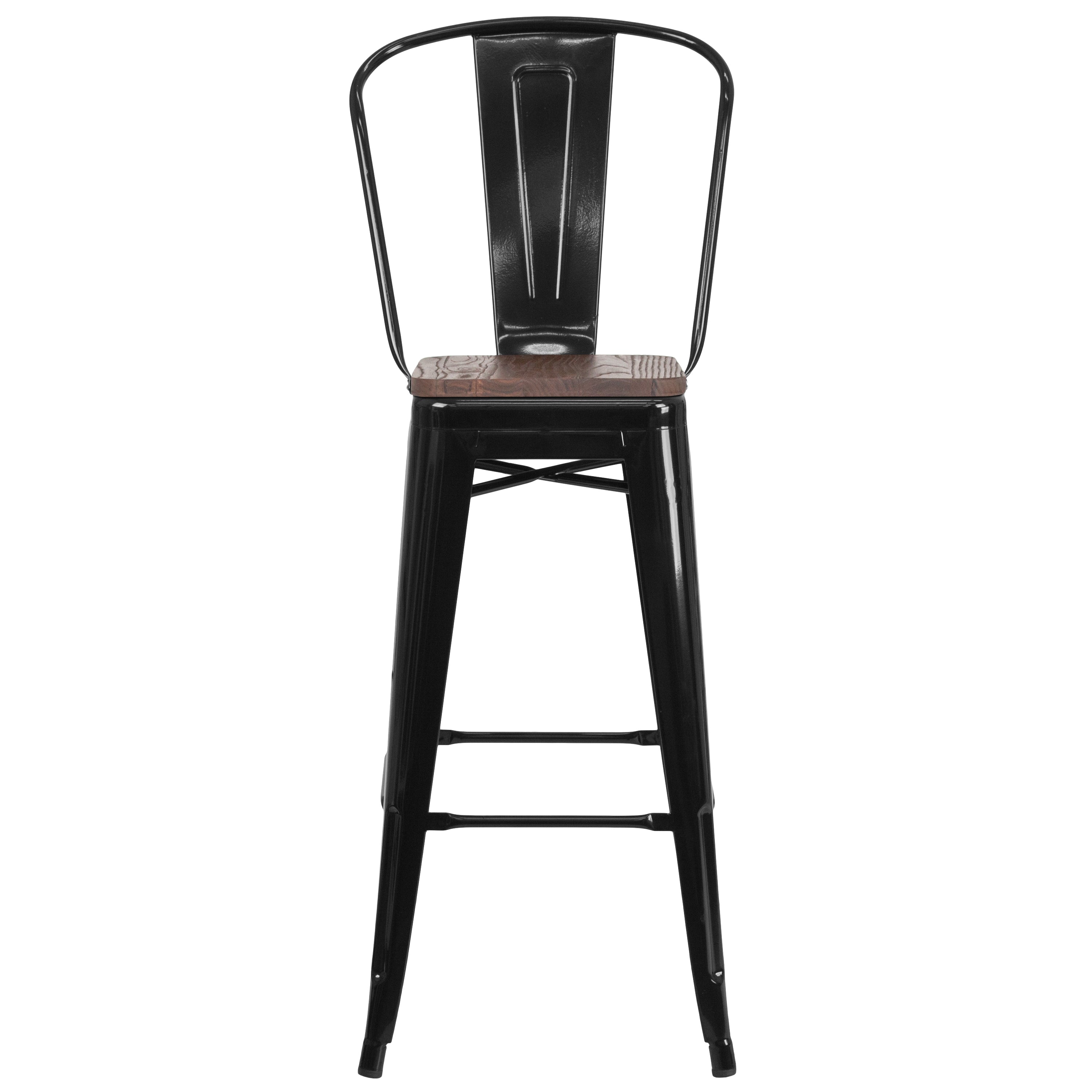 Lily 30" High Black Metal Barstool with Back and Wood Seat
