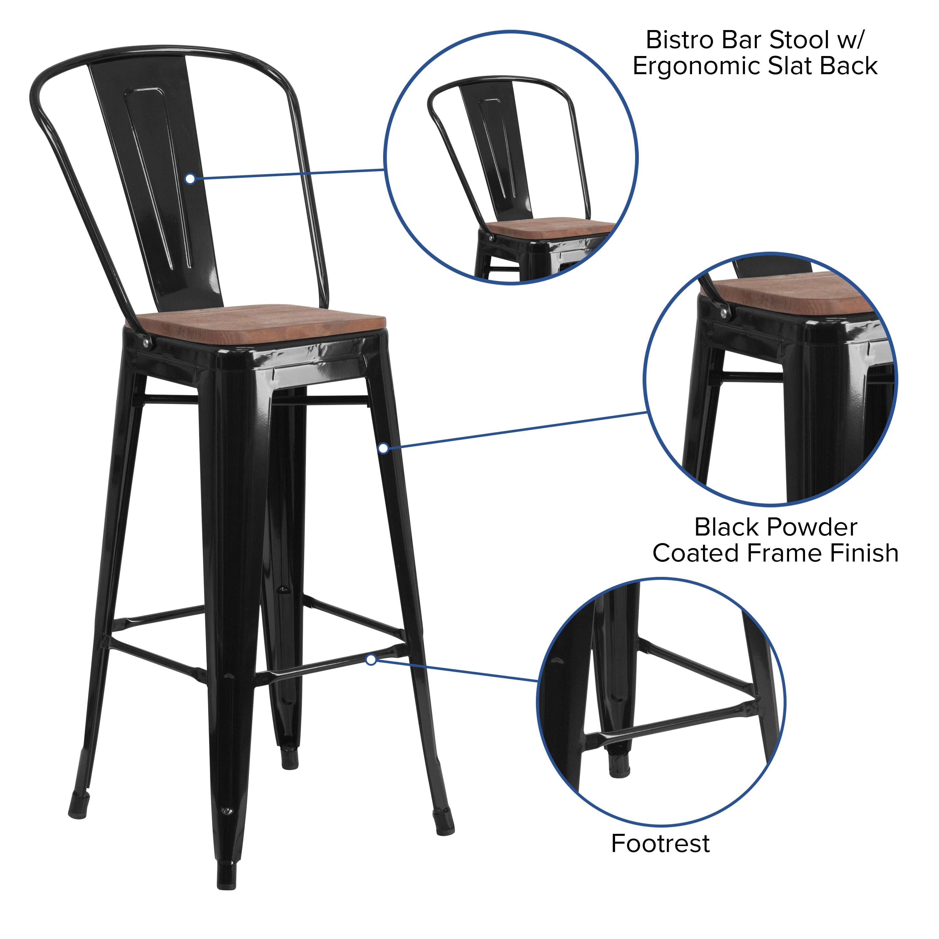 Lily 30" High Black Metal Barstool with Back and Wood Seat