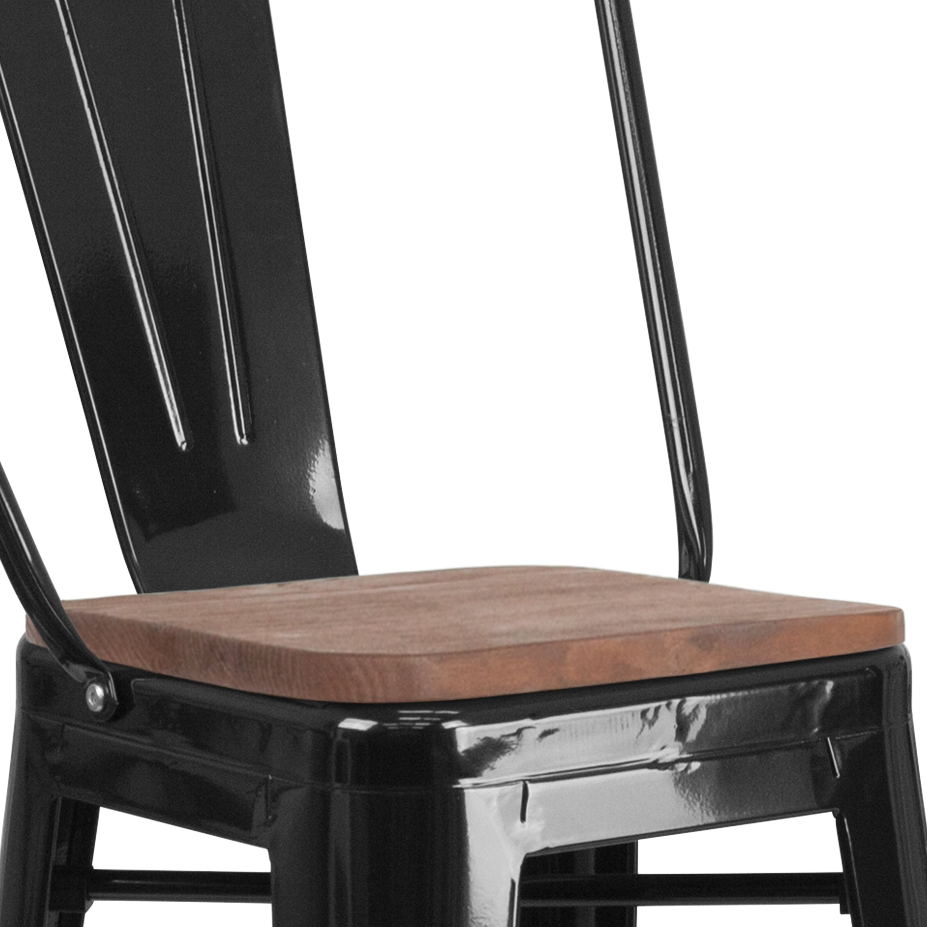Lily 30" High Black Metal Barstool with Back and Wood Seat