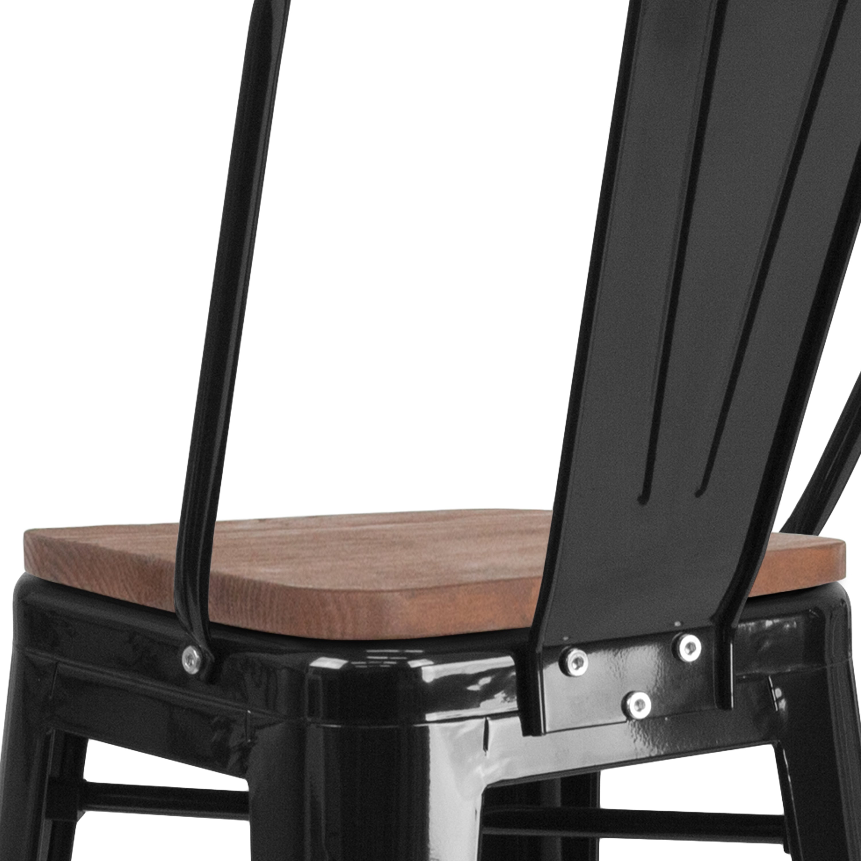 Lily 30" High Black Metal Barstool with Back and Wood Seat
