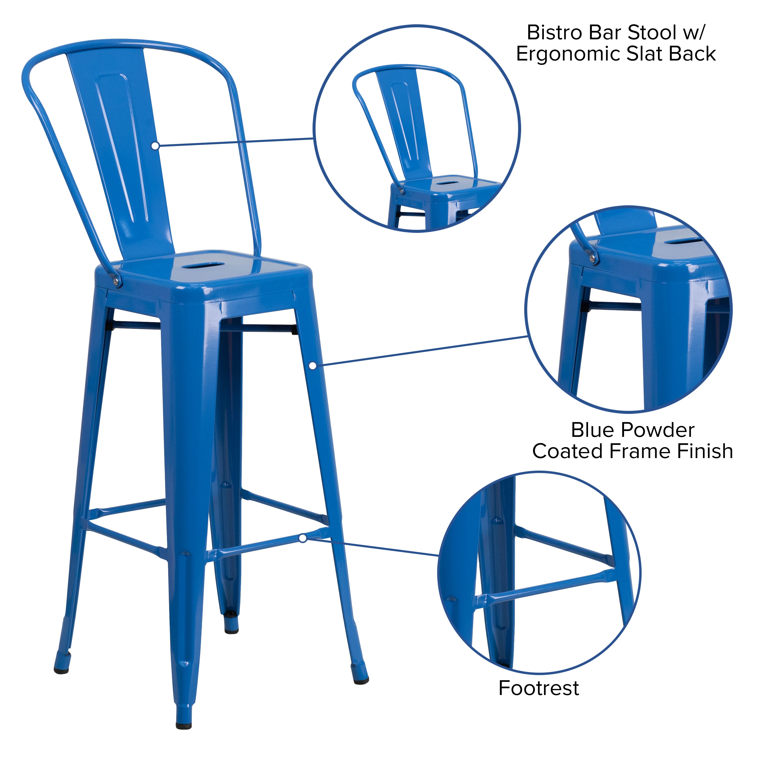 Kai Commercial Grade 30" High Blue Metal Indoor-Outdoor Barstool with Removable Back