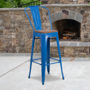 Lily 30" High Blue Metal Barstool with Back and Wood Seat