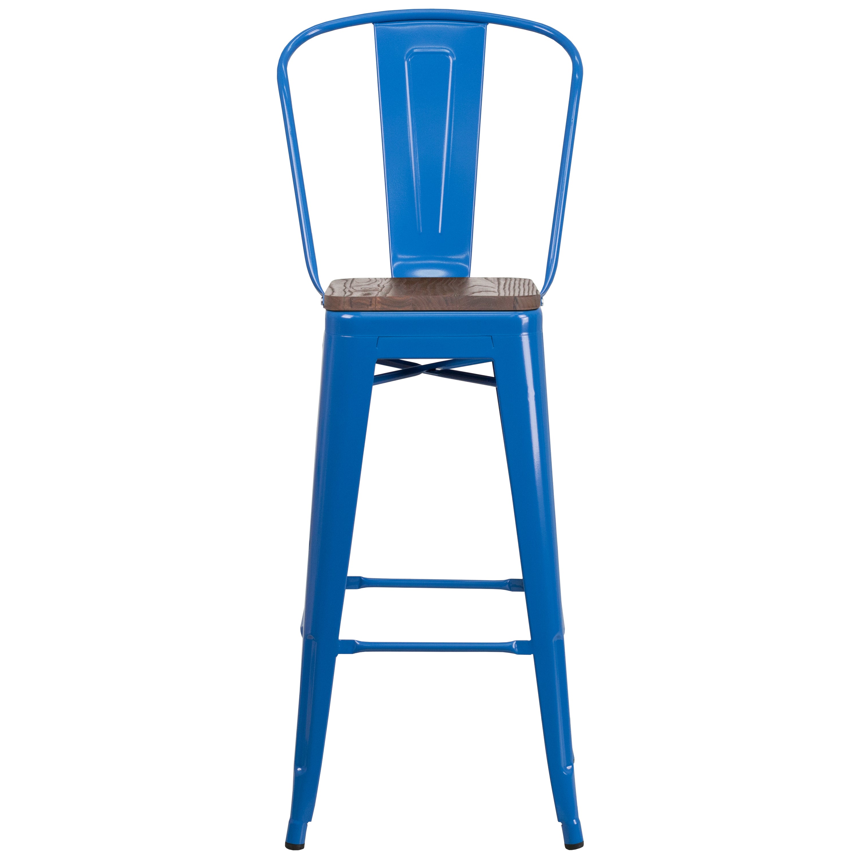 Lily 30" High Blue Metal Barstool with Back and Wood Seat