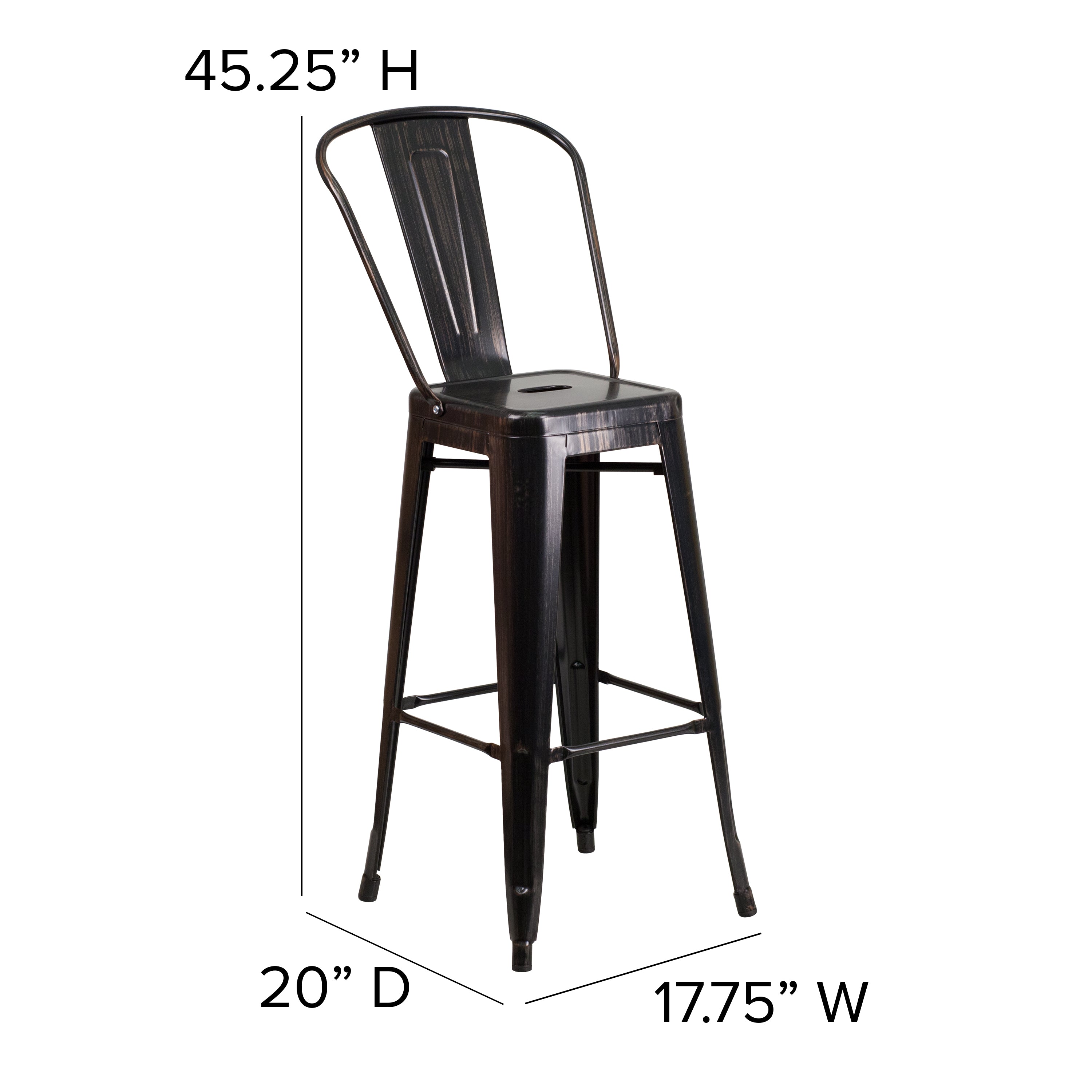 Kai Commercial Grade 30" High Black-Antique Gold Metal Indoor-Outdoor Barstool with Removable Back
