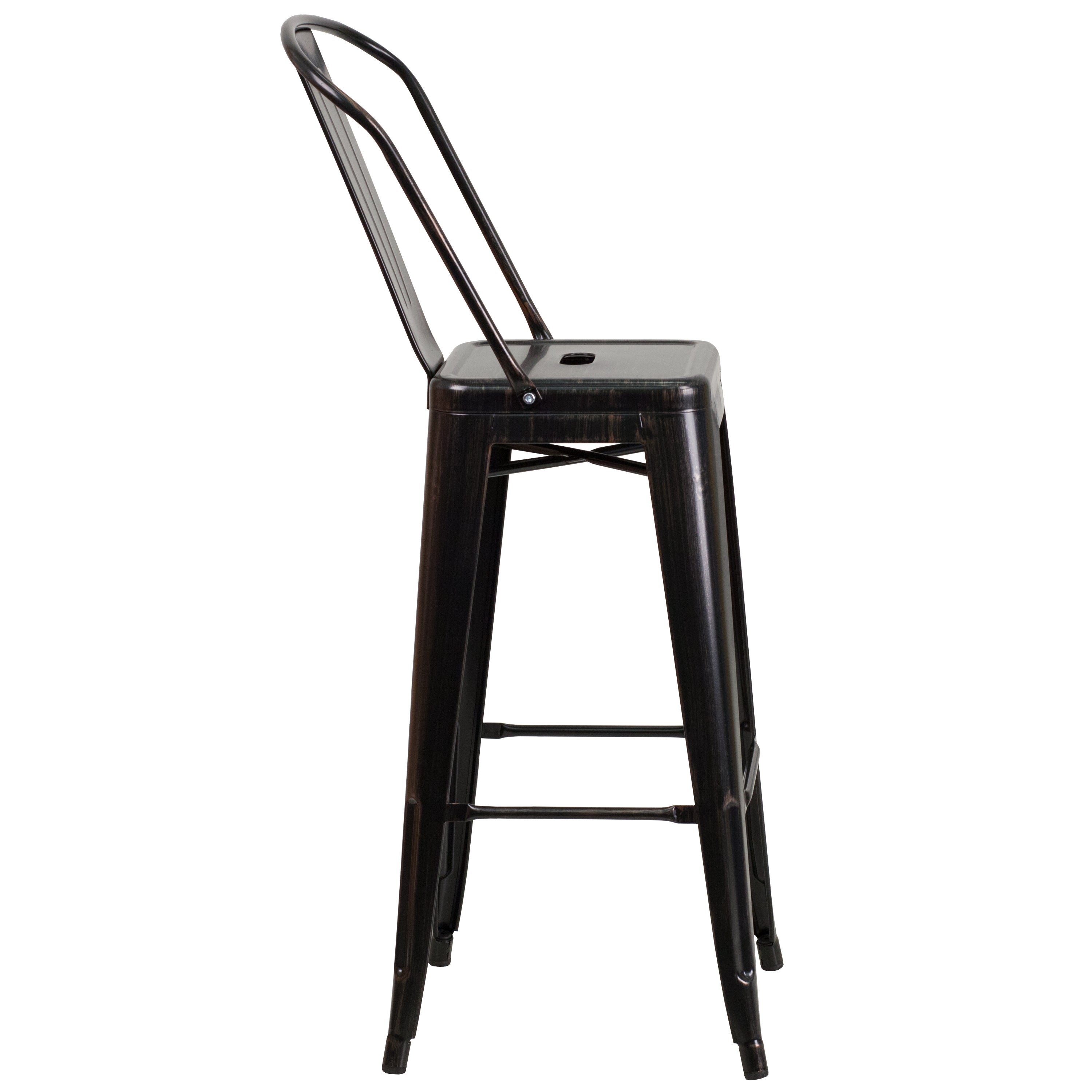 Kai Commercial Grade 30" High Black-Antique Gold Metal Indoor-Outdoor Barstool with Removable Back