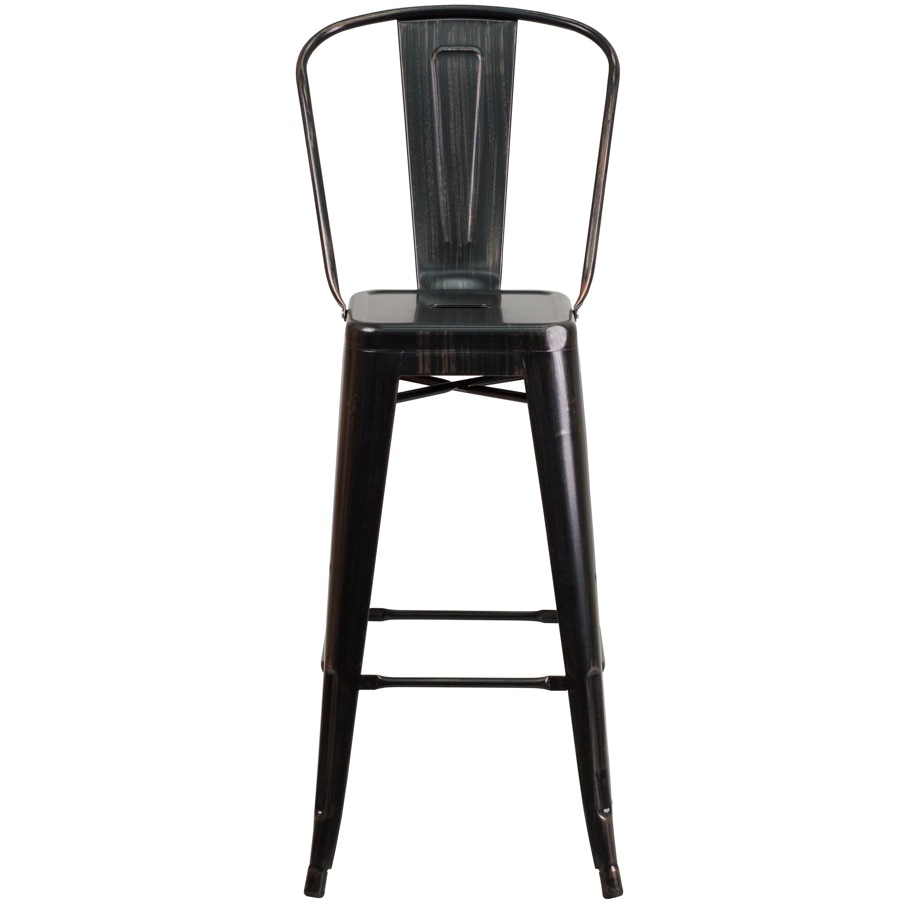 Kai Commercial Grade 30" High Black-Antique Gold Metal Indoor-Outdoor Barstool with Removable Back