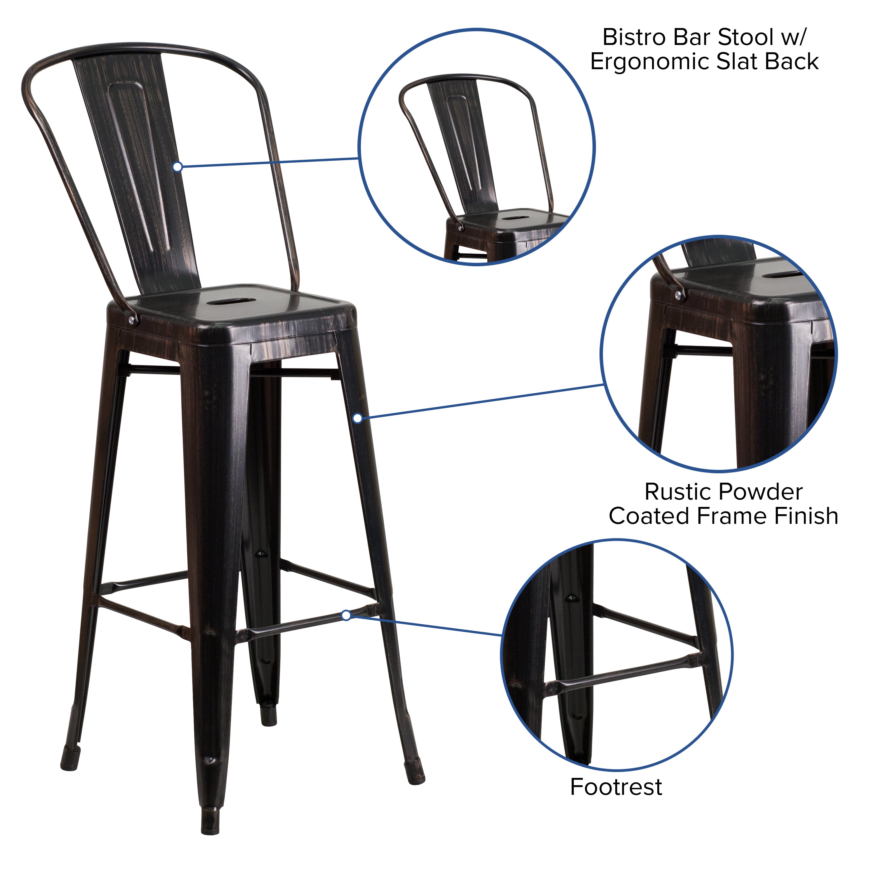 Kai Commercial Grade 30" High Black-Antique Gold Metal Indoor-Outdoor Barstool with Removable Back
