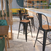 Lily 30" High Black-Antique Gold Metal Barstool with Back and Wood Seat