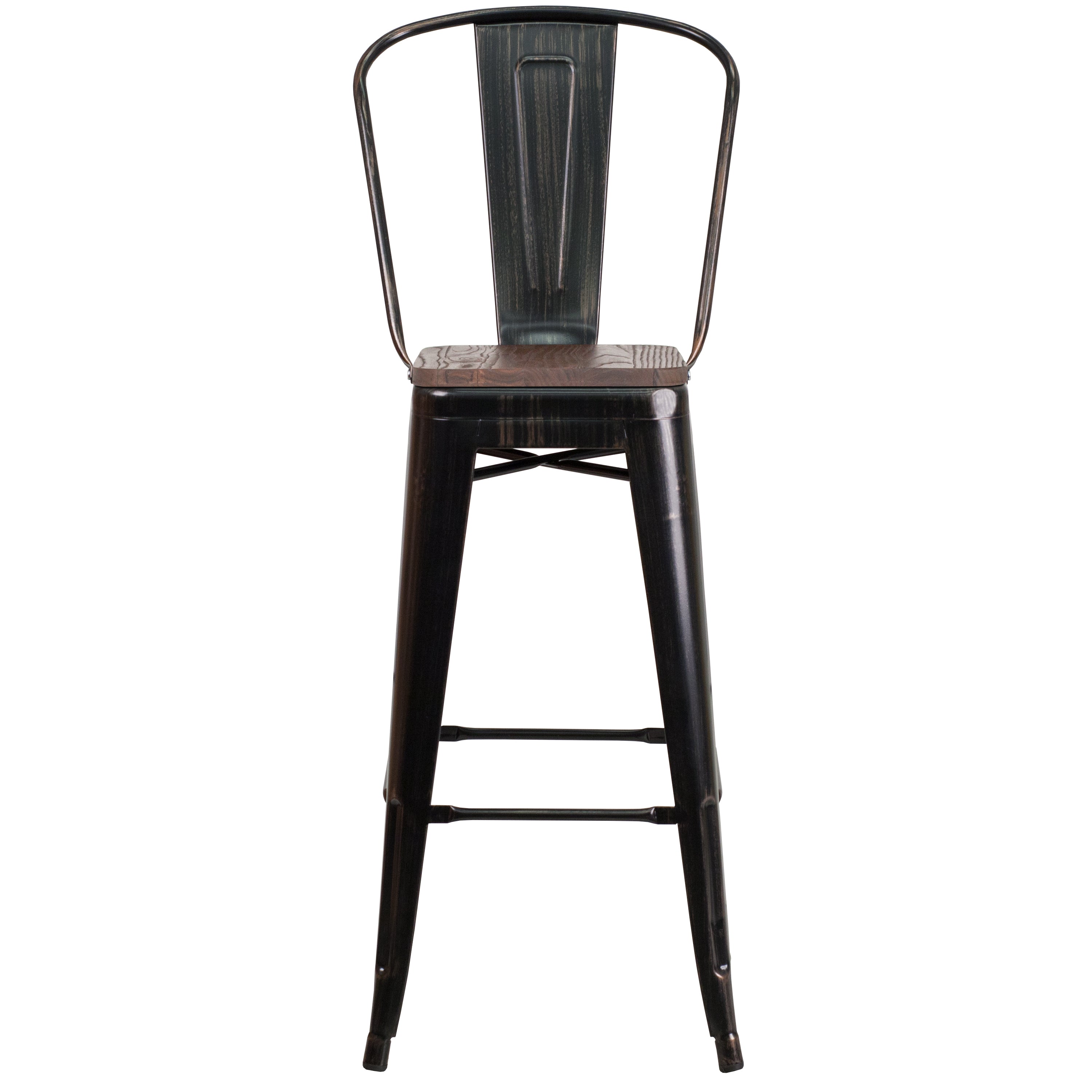 Lily 30" High Black-Antique Gold Metal Barstool with Back and Wood Seat