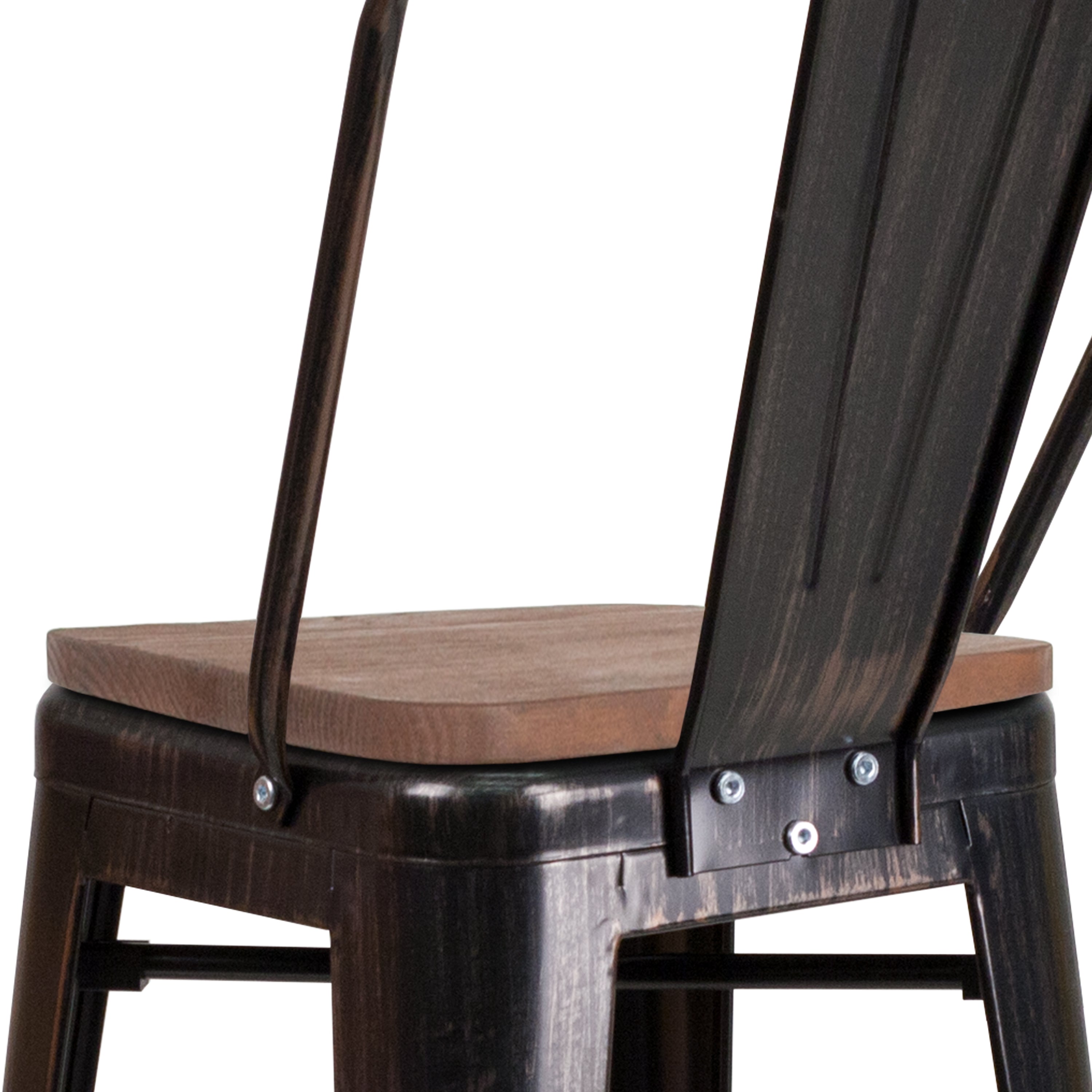 Lily 30" High Black-Antique Gold Metal Barstool with Back and Wood Seat