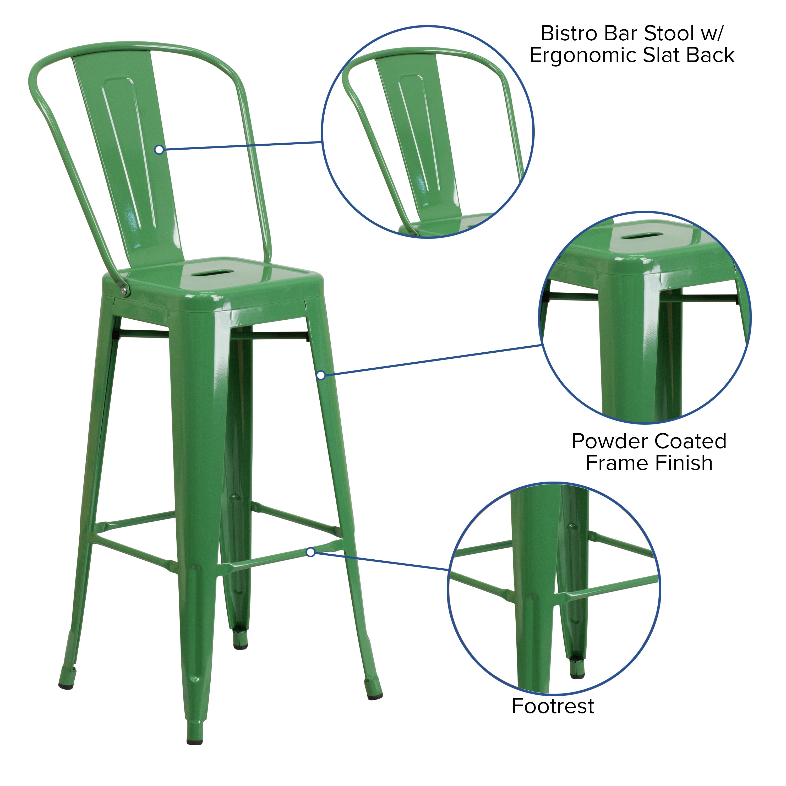 Kai Commercial Grade 30" High Green Metal Indoor-Outdoor Barstool with Removable Back