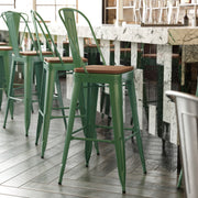 Kai Commercial Grade 30" High Green Metal Indoor-Outdoor Bar Height Stool with Removable Back and Teak All-Weather Poly Resin Seat