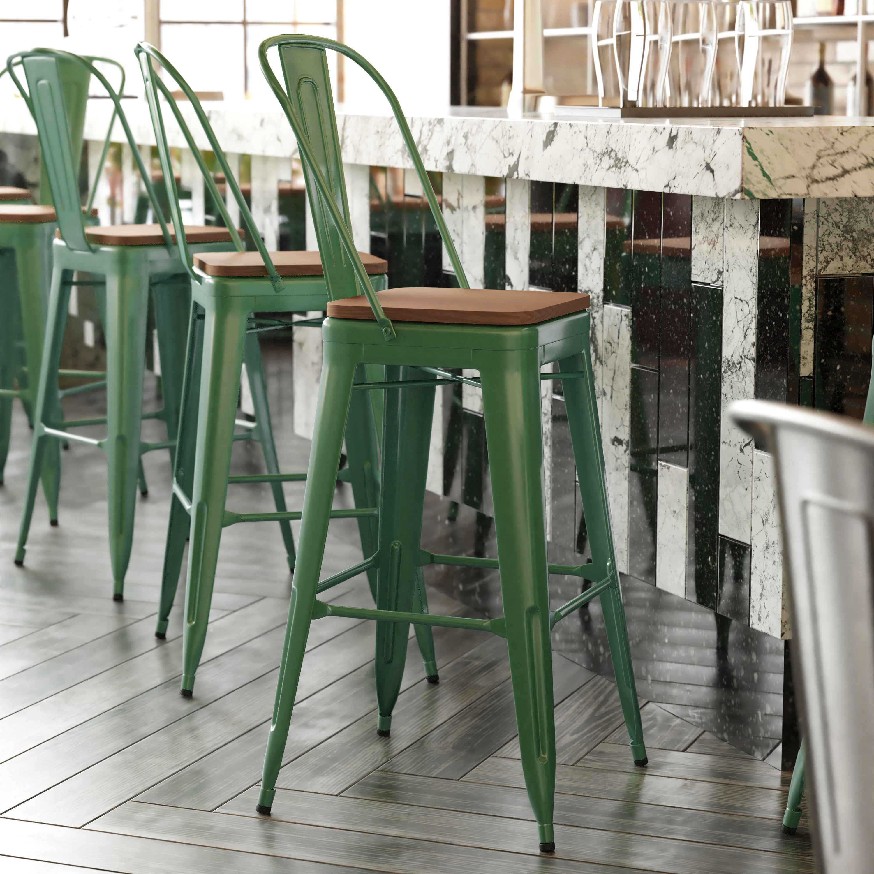 Kai Commercial Grade 30" High Green Metal Indoor-Outdoor Bar Height Stool with Removable Back and Teak All-Weather Poly Resin Seat