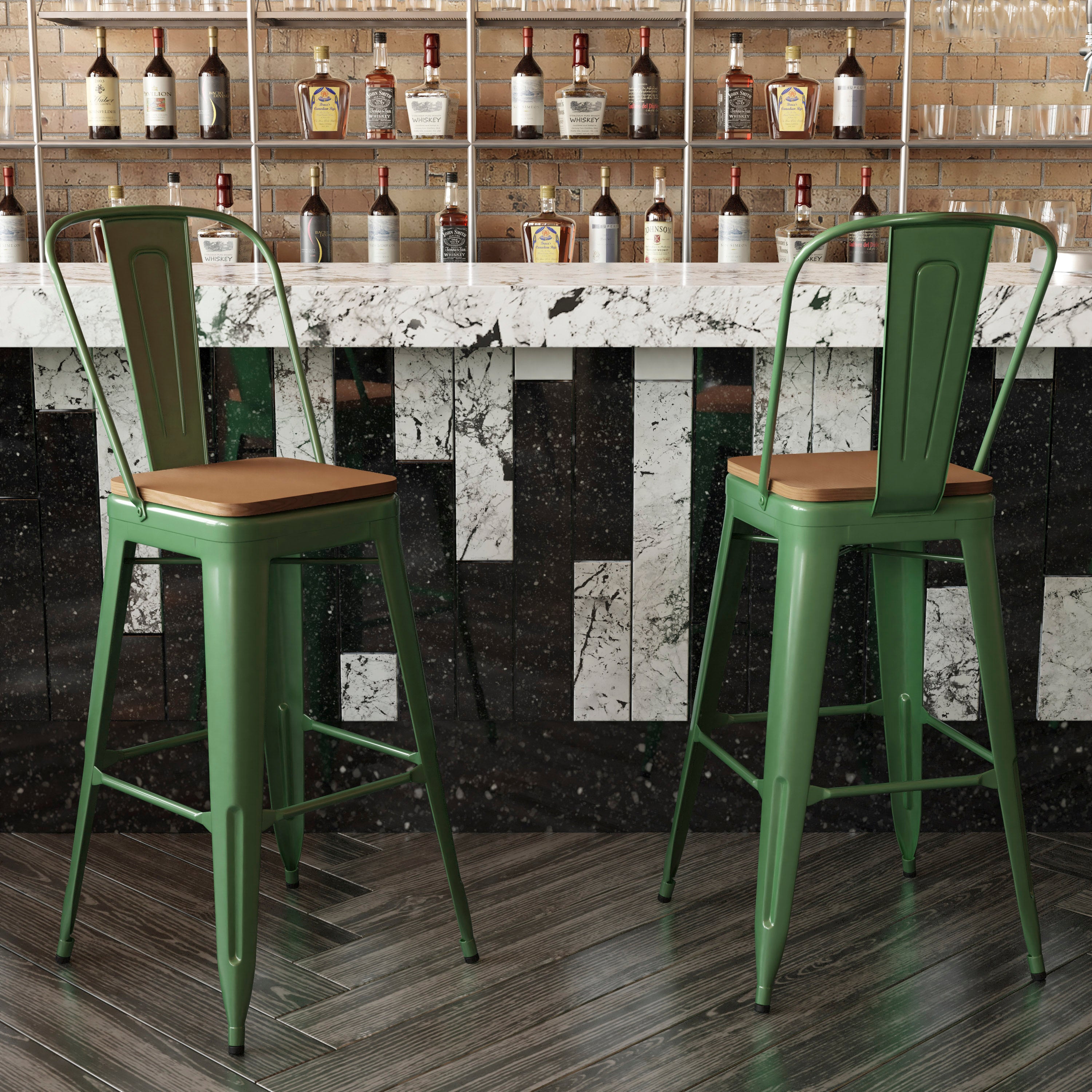 Kai Commercial Grade 30" High Green Metal Indoor-Outdoor Bar Height Stool with Removable Back and Teak All-Weather Poly Resin Seat