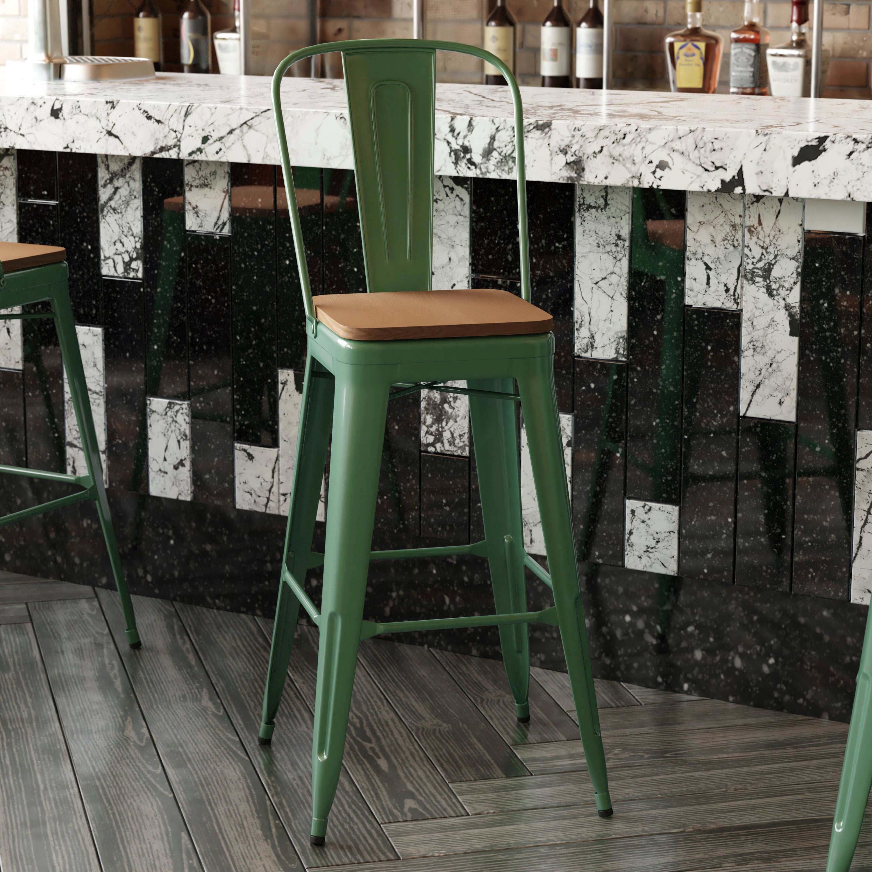 Kai Commercial Grade 30" High Green Metal Indoor-Outdoor Bar Height Stool with Removable Back and Teak All-Weather Poly Resin Seat
