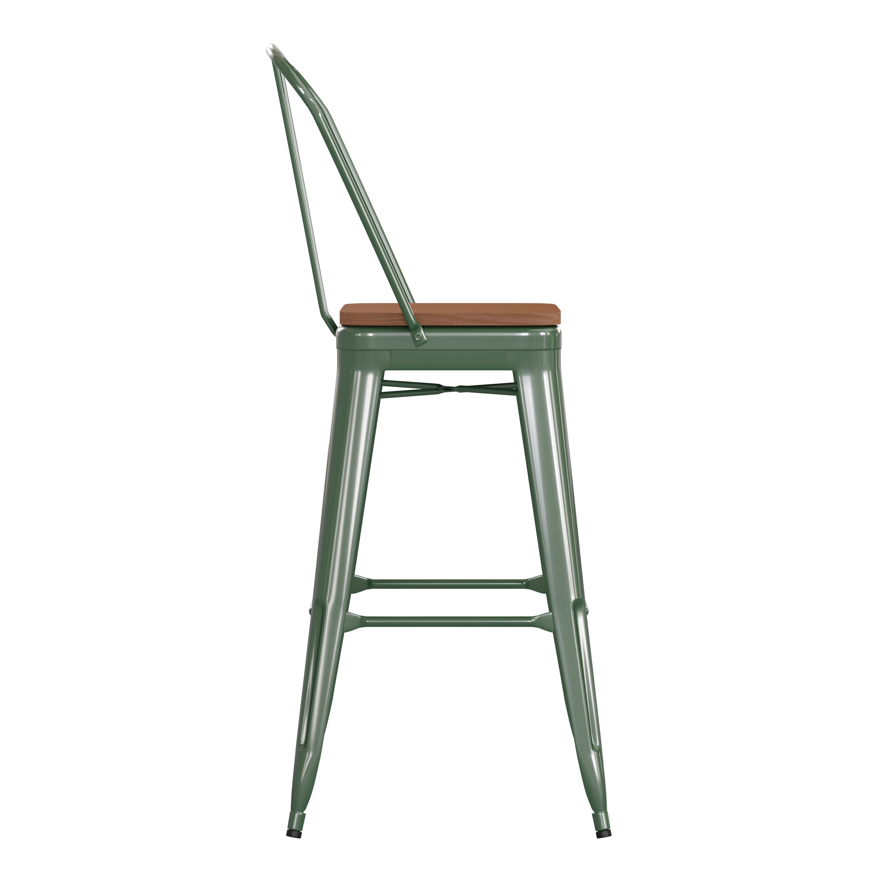 Kai Commercial Grade 30" High Green Metal Indoor-Outdoor Bar Height Stool with Removable Back and Teak All-Weather Poly Resin Seat