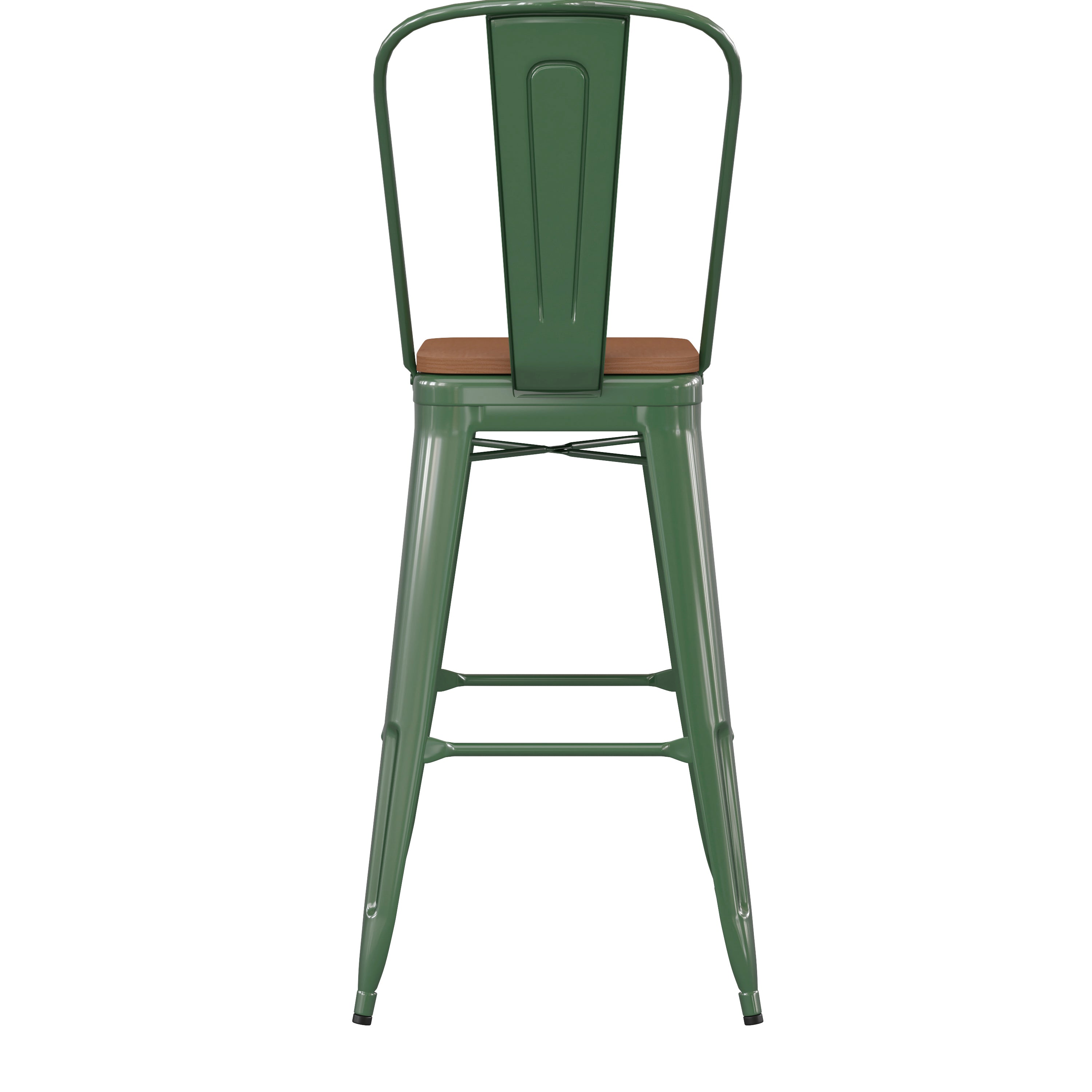 Kai Commercial Grade 30" High Green Metal Indoor-Outdoor Bar Height Stool with Removable Back and Teak All-Weather Poly Resin Seat