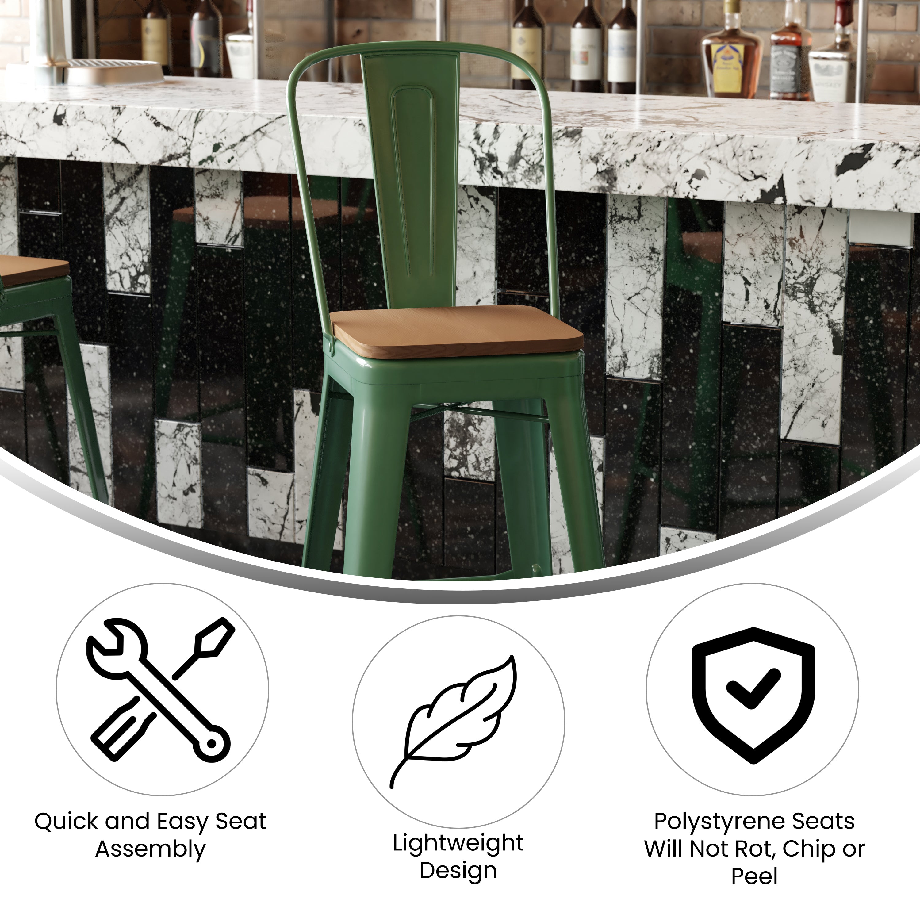 Kai Commercial Grade 30" High Green Metal Indoor-Outdoor Bar Height Stool with Removable Back and Teak All-Weather Poly Resin Seat