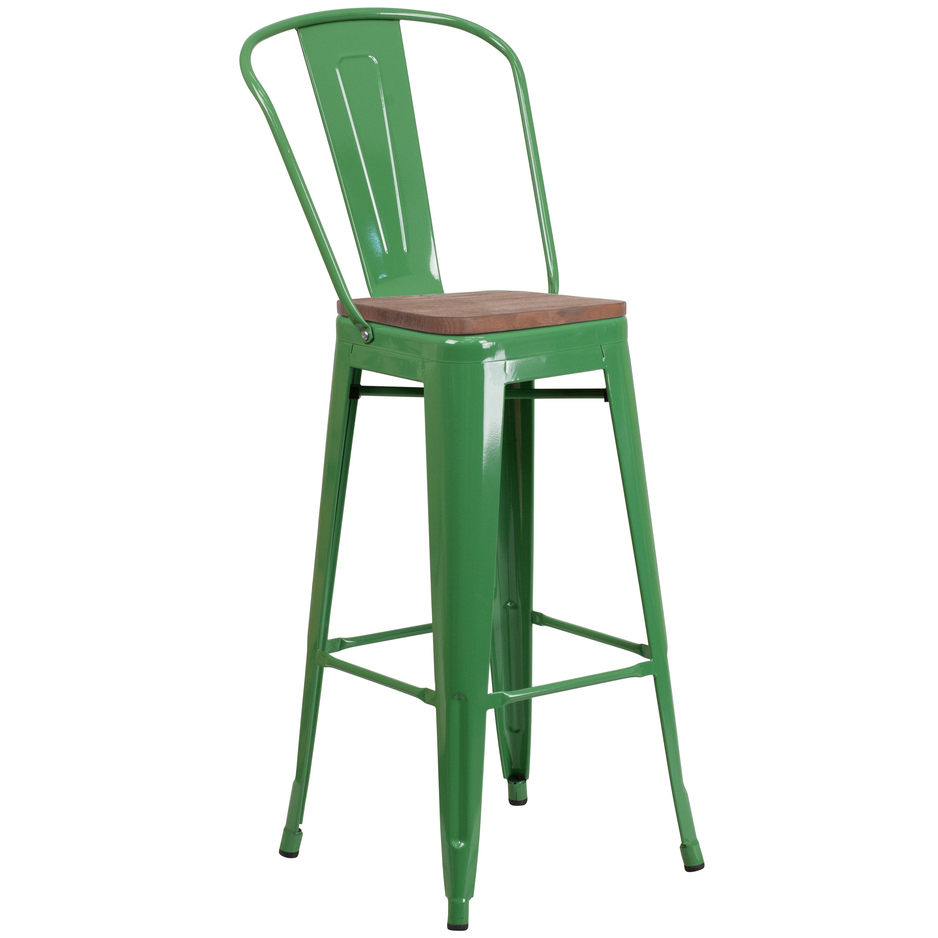 Lily 30" High Green Metal Barstool with Back and Wood Seat