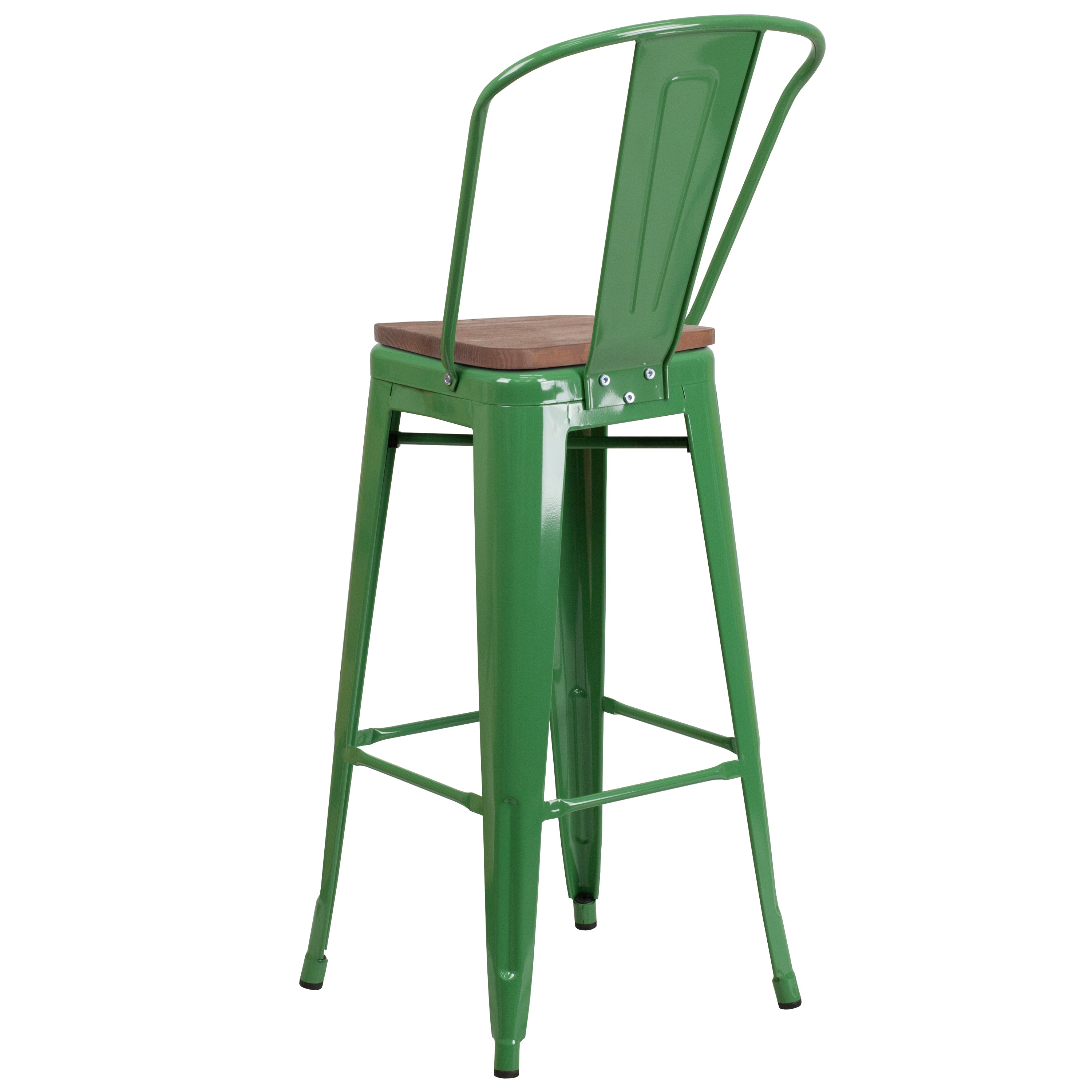 Lily 30" High Green Metal Barstool with Back and Wood Seat