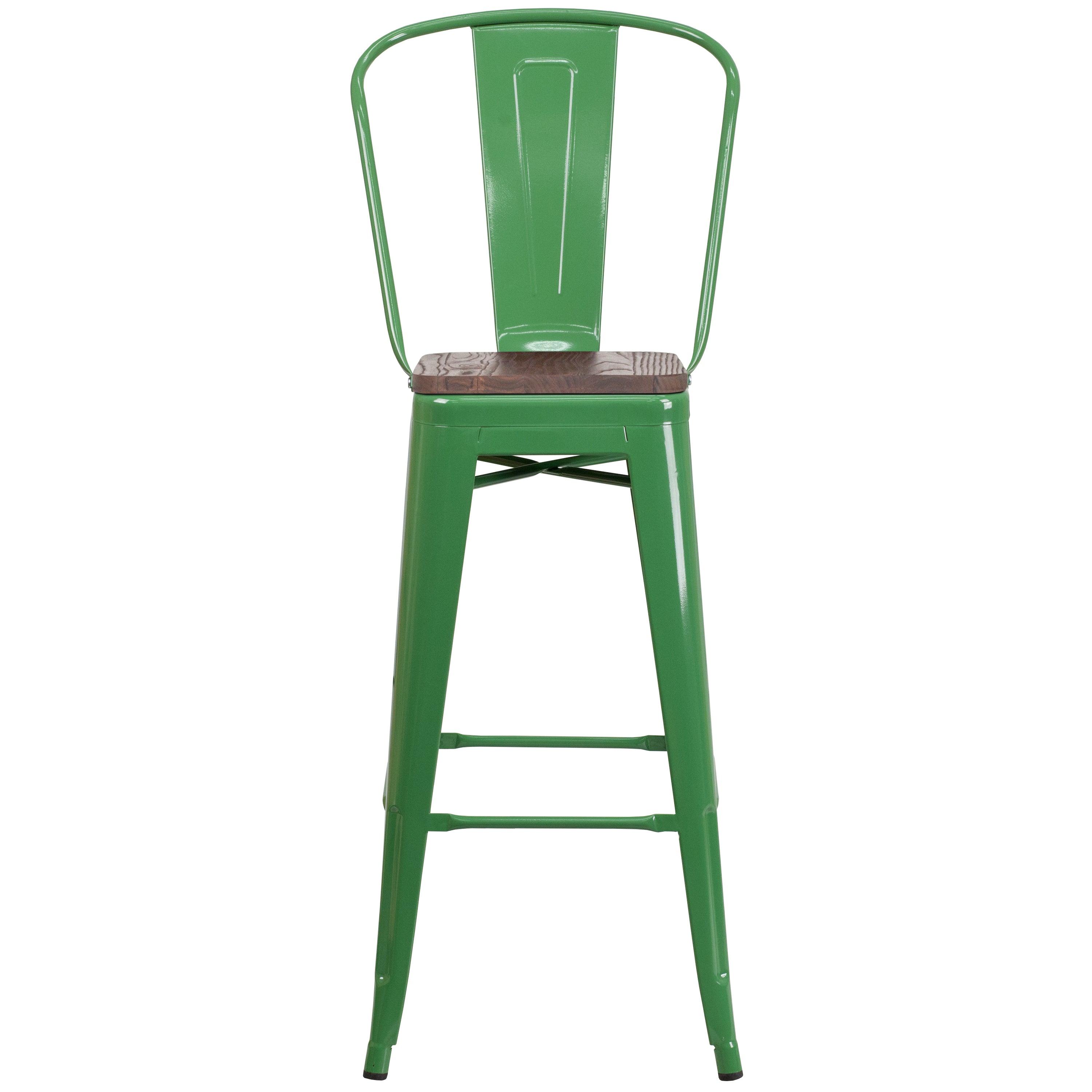 Lily 30" High Green Metal Barstool with Back and Wood Seat