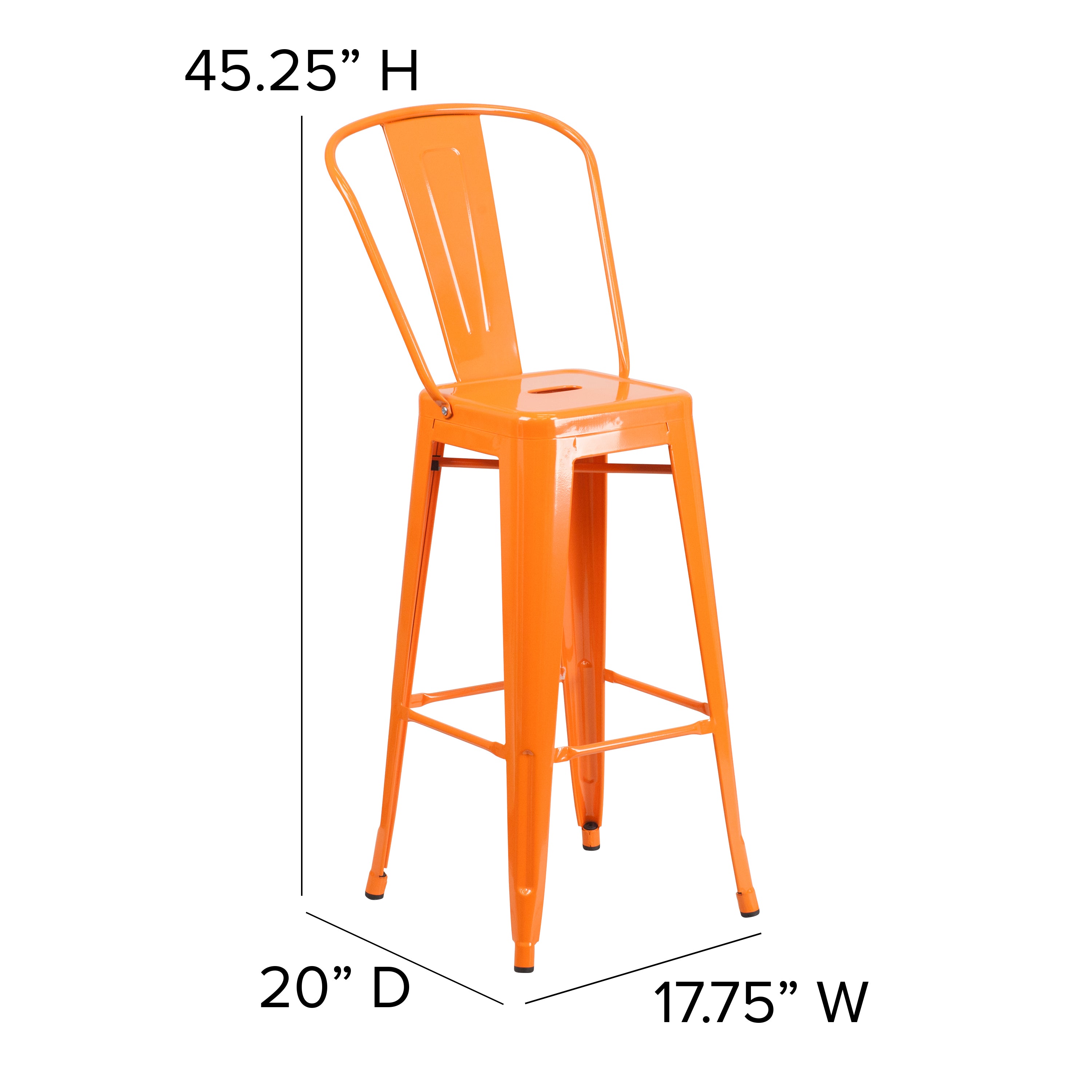 Kai Commercial Grade 30" High Orange Metal Indoor-Outdoor Barstool with Removable Back