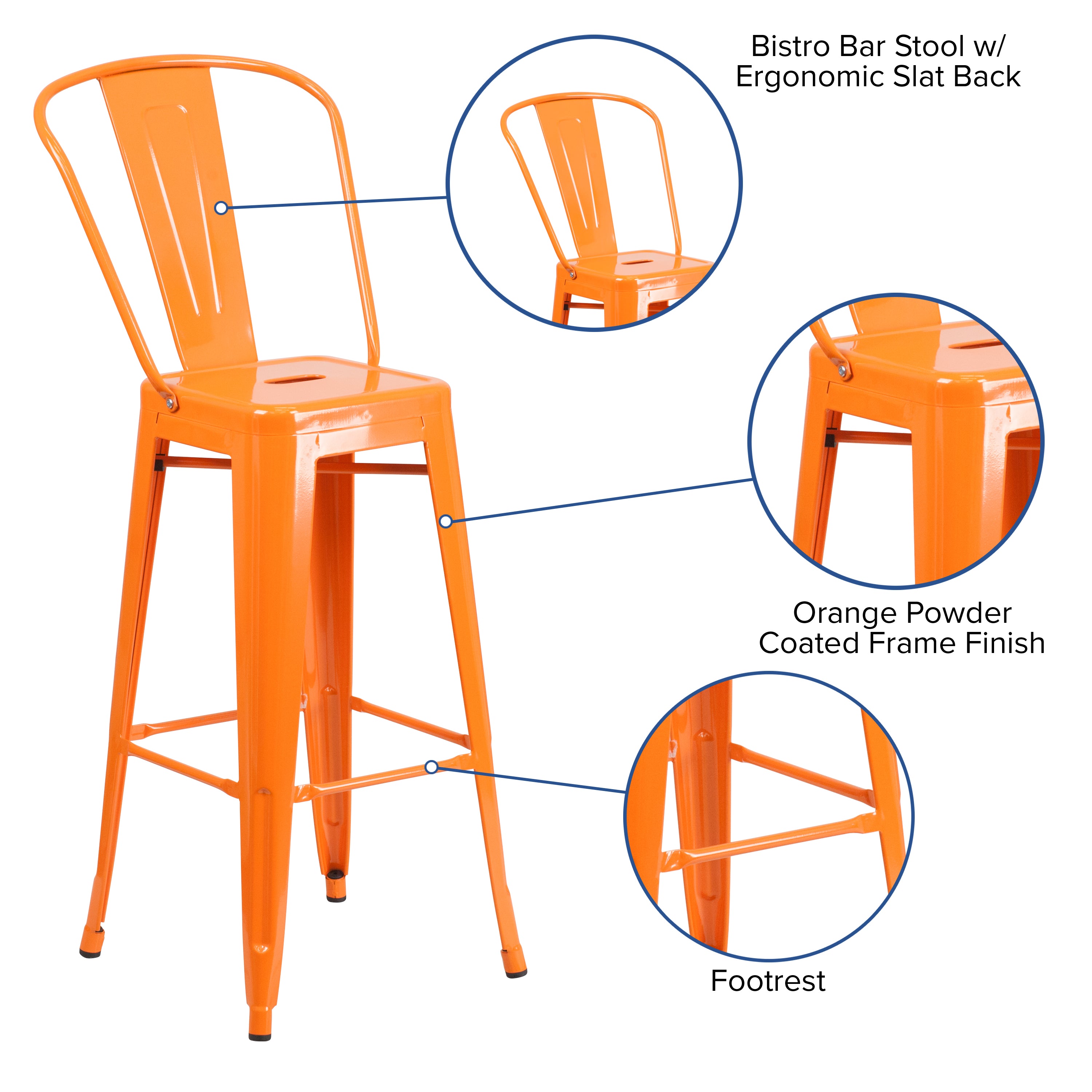 Kai Commercial Grade 30" High Orange Metal Indoor-Outdoor Barstool with Removable Back