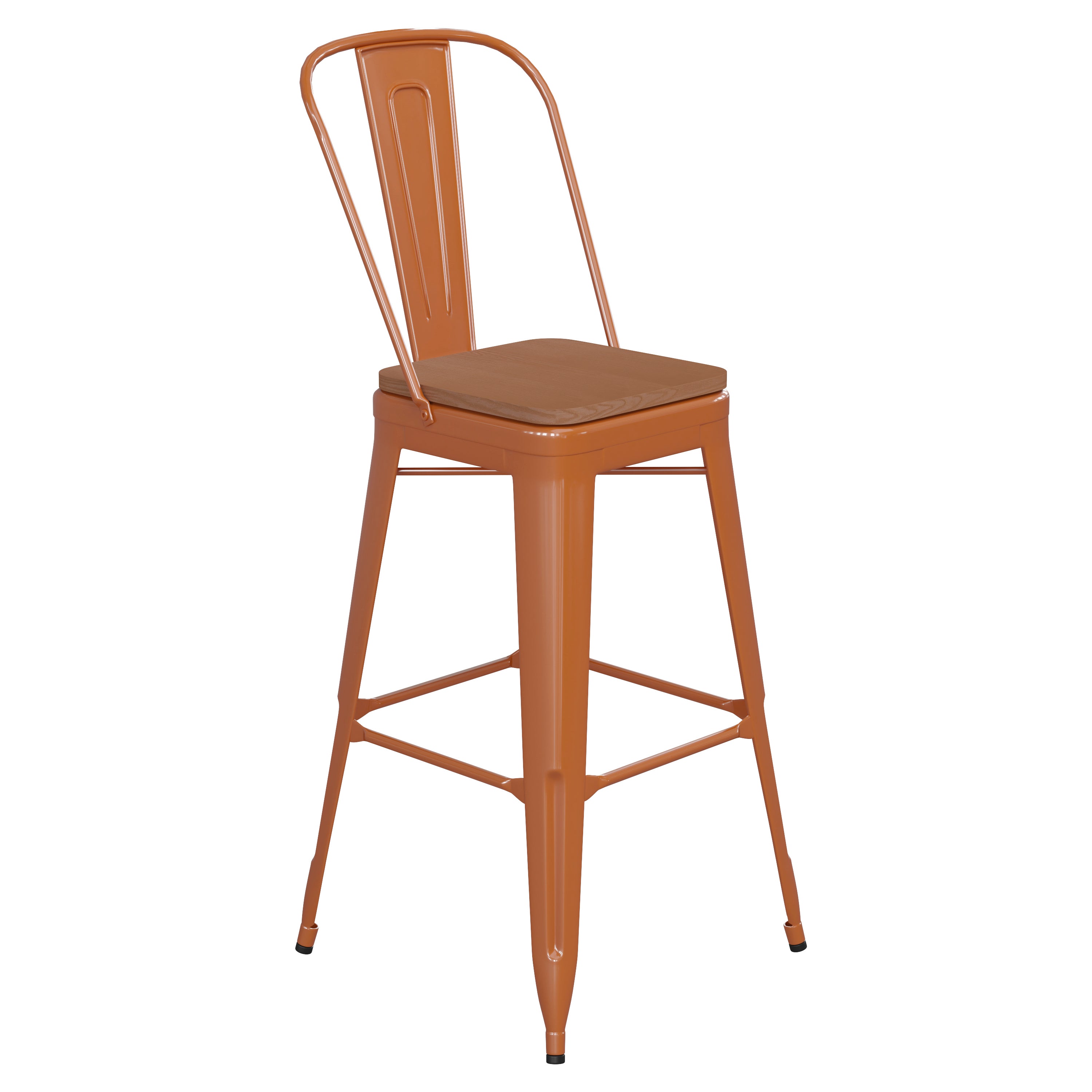 Kai Commercial Grade 30" High Orange Metal Indoor-Outdoor Bar Height Stool with Removable Back and Teak All-Weather Poly Resin Seat
