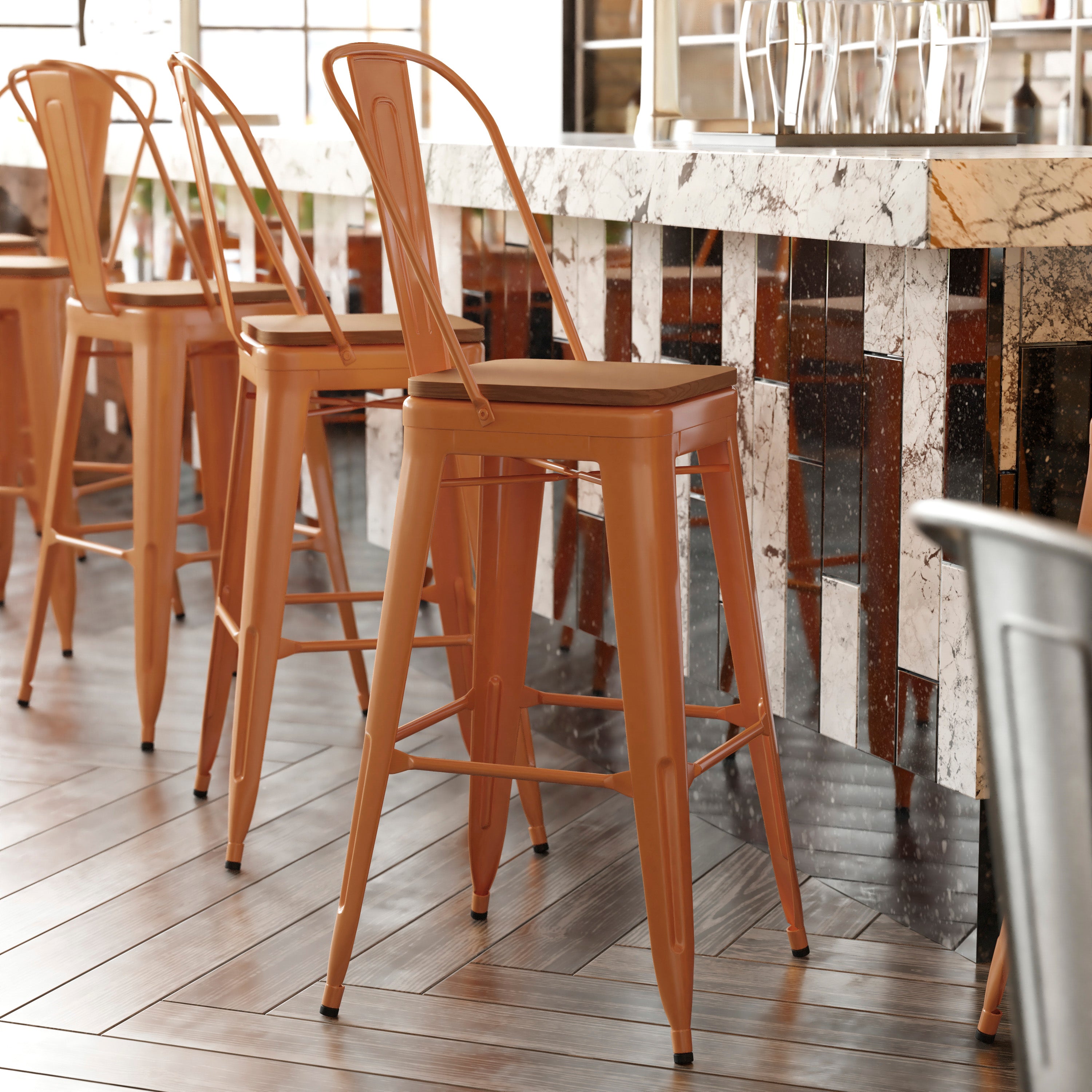 Kai Commercial Grade 30" High Orange Metal Indoor-Outdoor Bar Height Stool with Removable Back and Teak All-Weather Poly Resin Seat