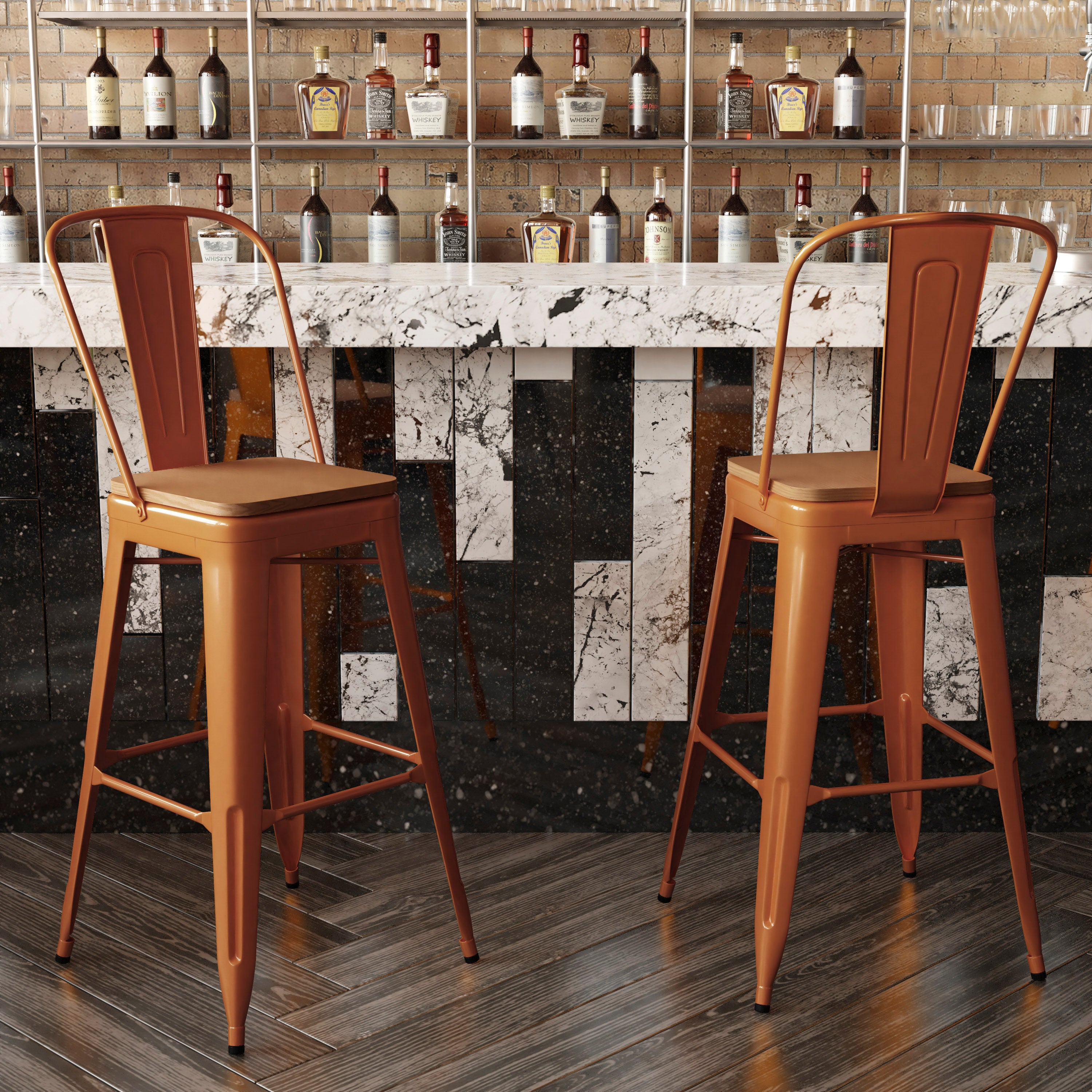 Kai Commercial Grade 30" High Orange Metal Indoor-Outdoor Bar Height Stool with Removable Back and Teak All-Weather Poly Resin Seat