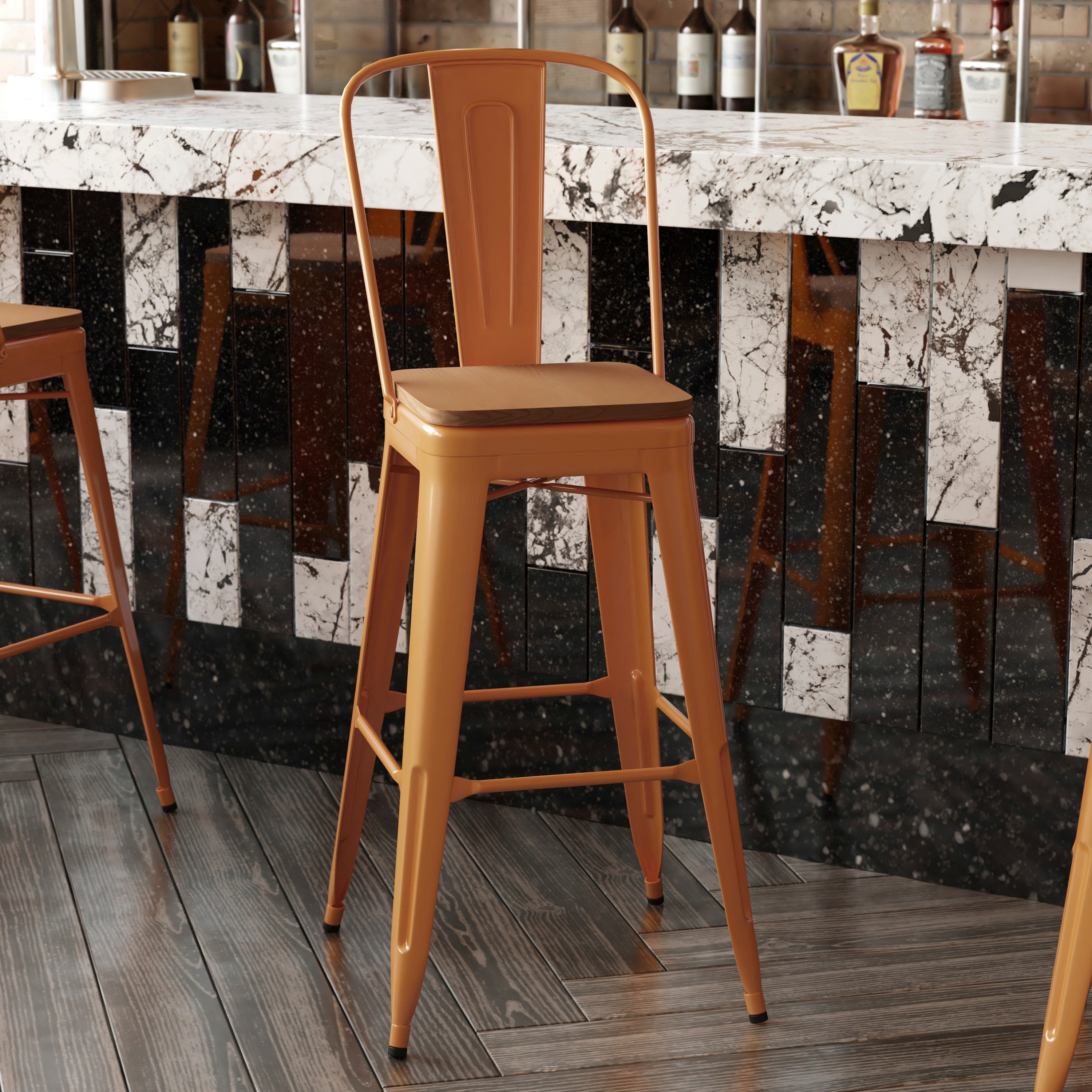 Kai Commercial Grade 30" High Orange Metal Indoor-Outdoor Bar Height Stool with Removable Back and Teak All-Weather Poly Resin Seat