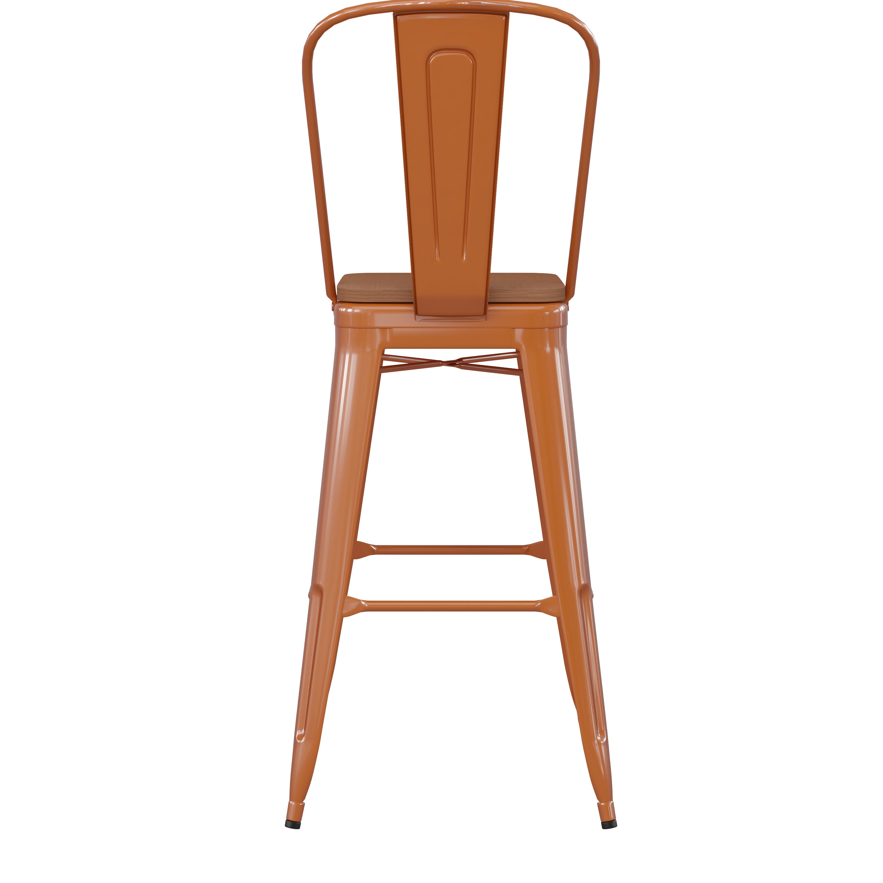 Kai Commercial Grade 30" High Orange Metal Indoor-Outdoor Bar Height Stool with Removable Back and Teak All-Weather Poly Resin Seat