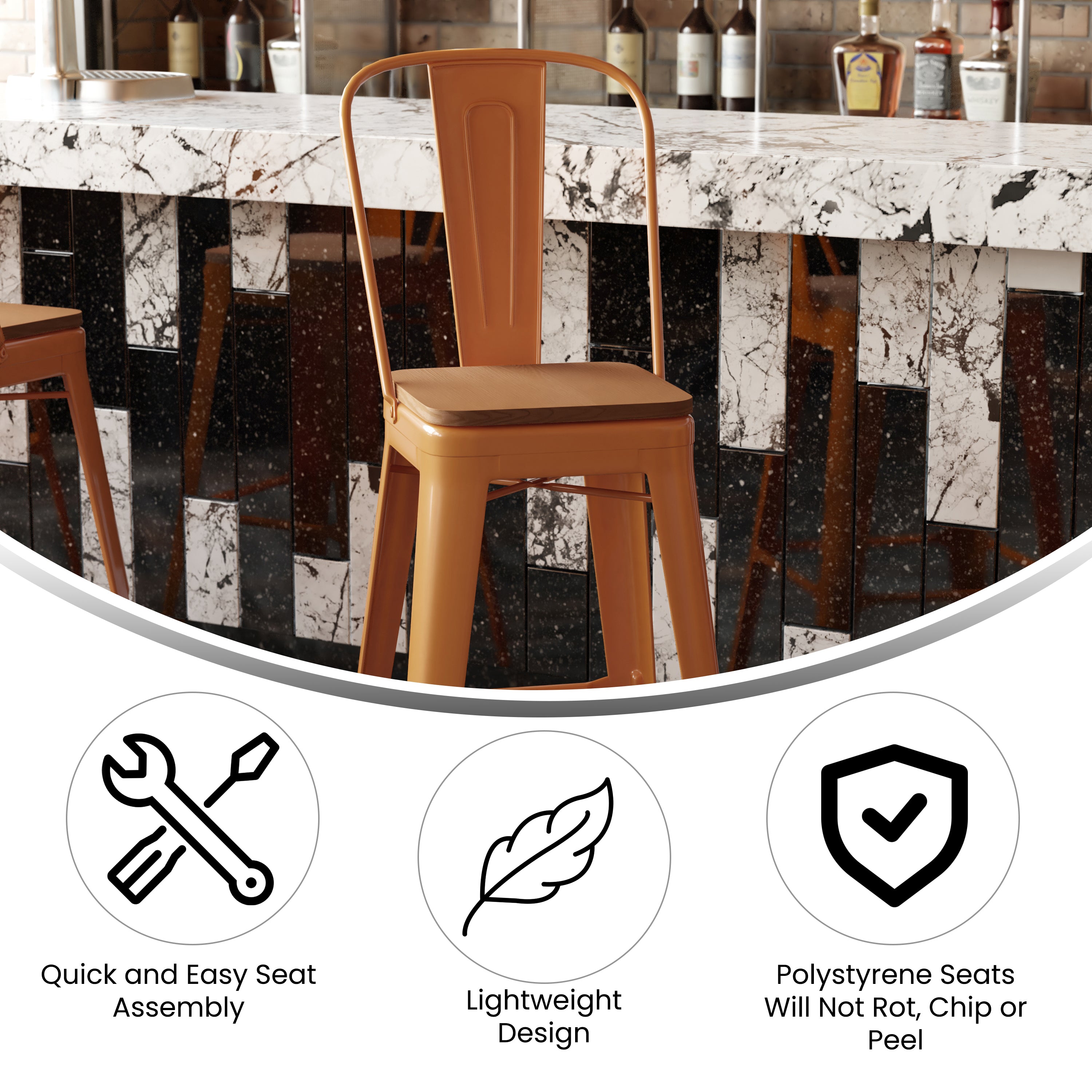 Kai Commercial Grade 30" High Orange Metal Indoor-Outdoor Bar Height Stool with Removable Back and Teak All-Weather Poly Resin Seat
