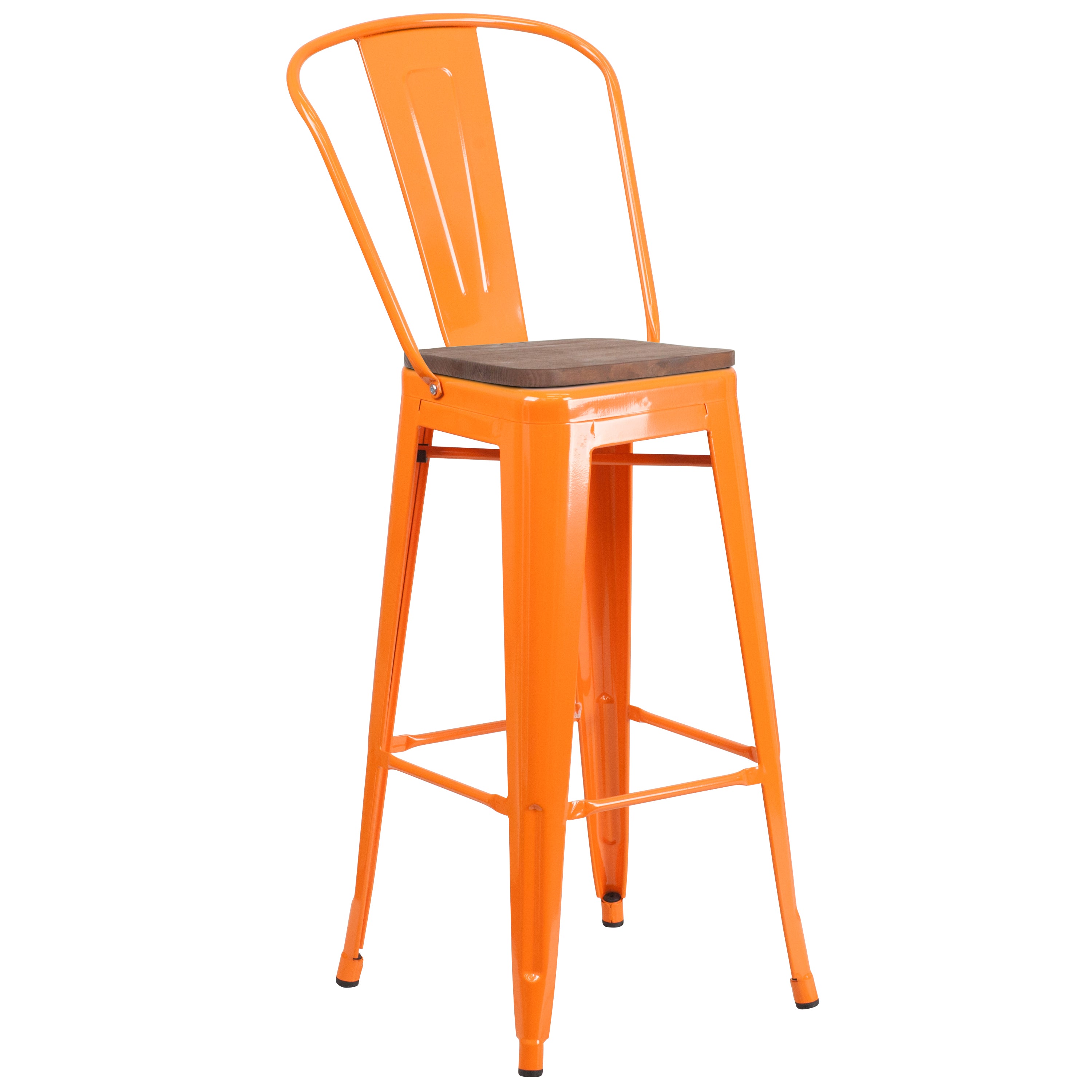 Lily 30" High Orange Metal Barstool with Back and Wood Seat