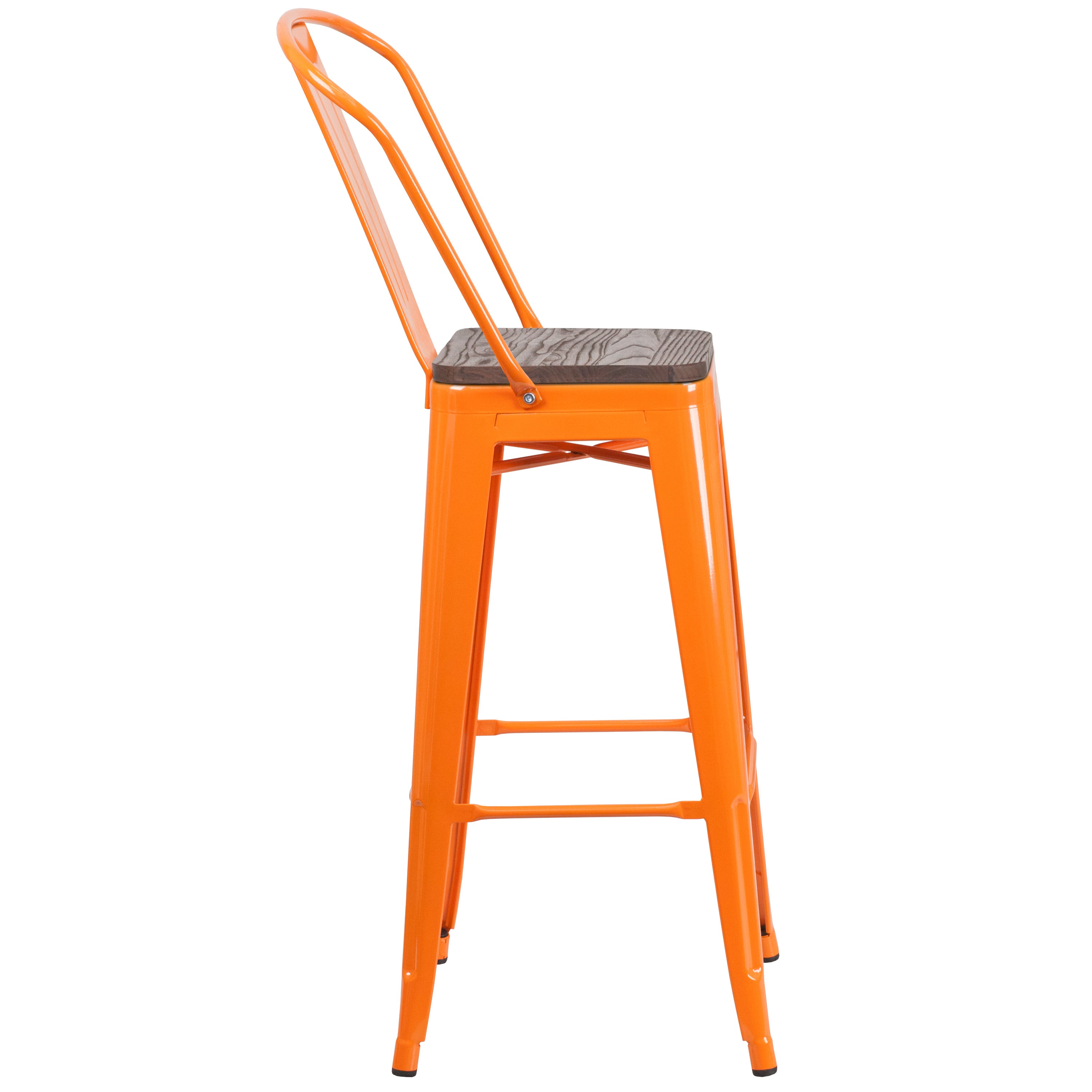 Lily 30" High Orange Metal Barstool with Back and Wood Seat