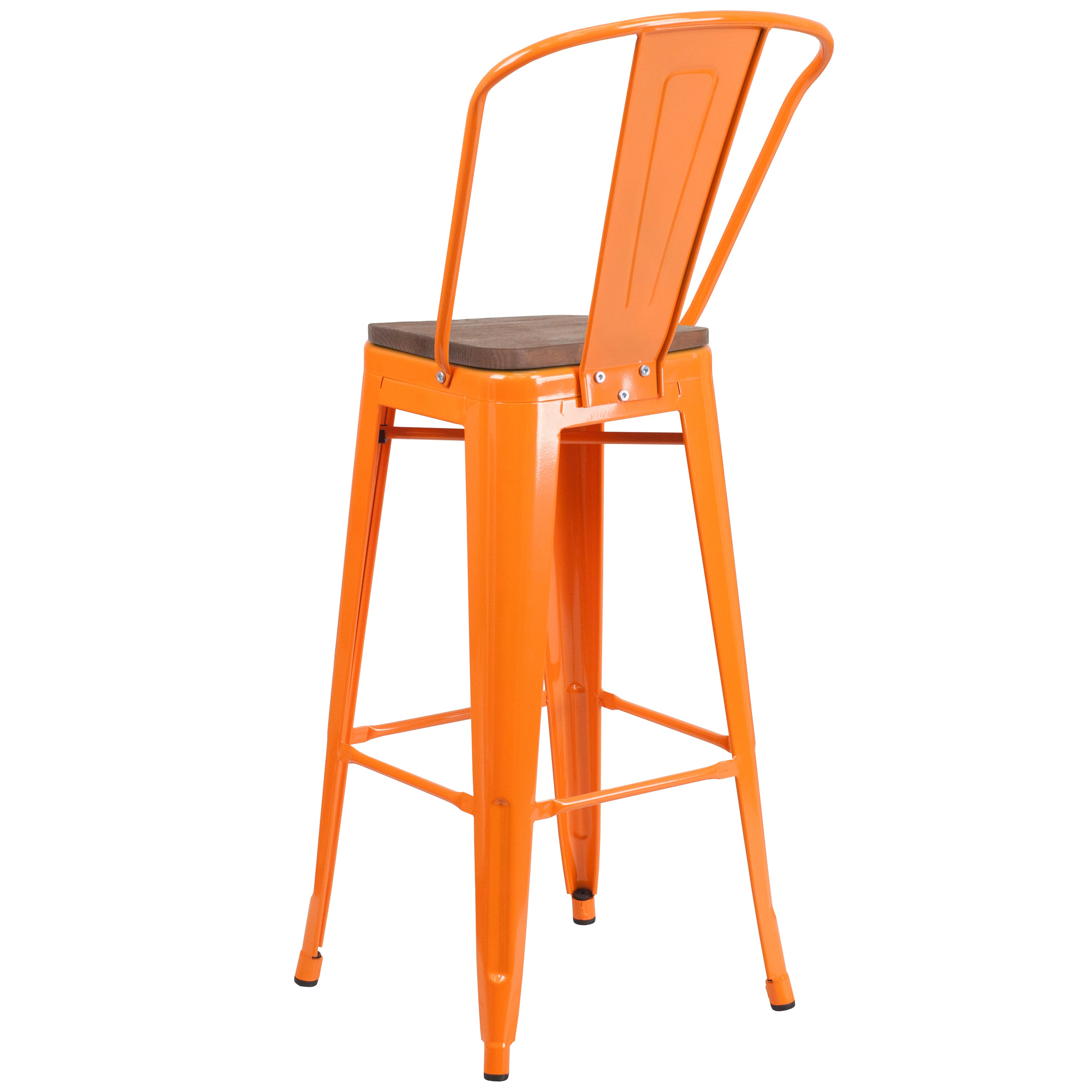 Lily 30" High Orange Metal Barstool with Back and Wood Seat