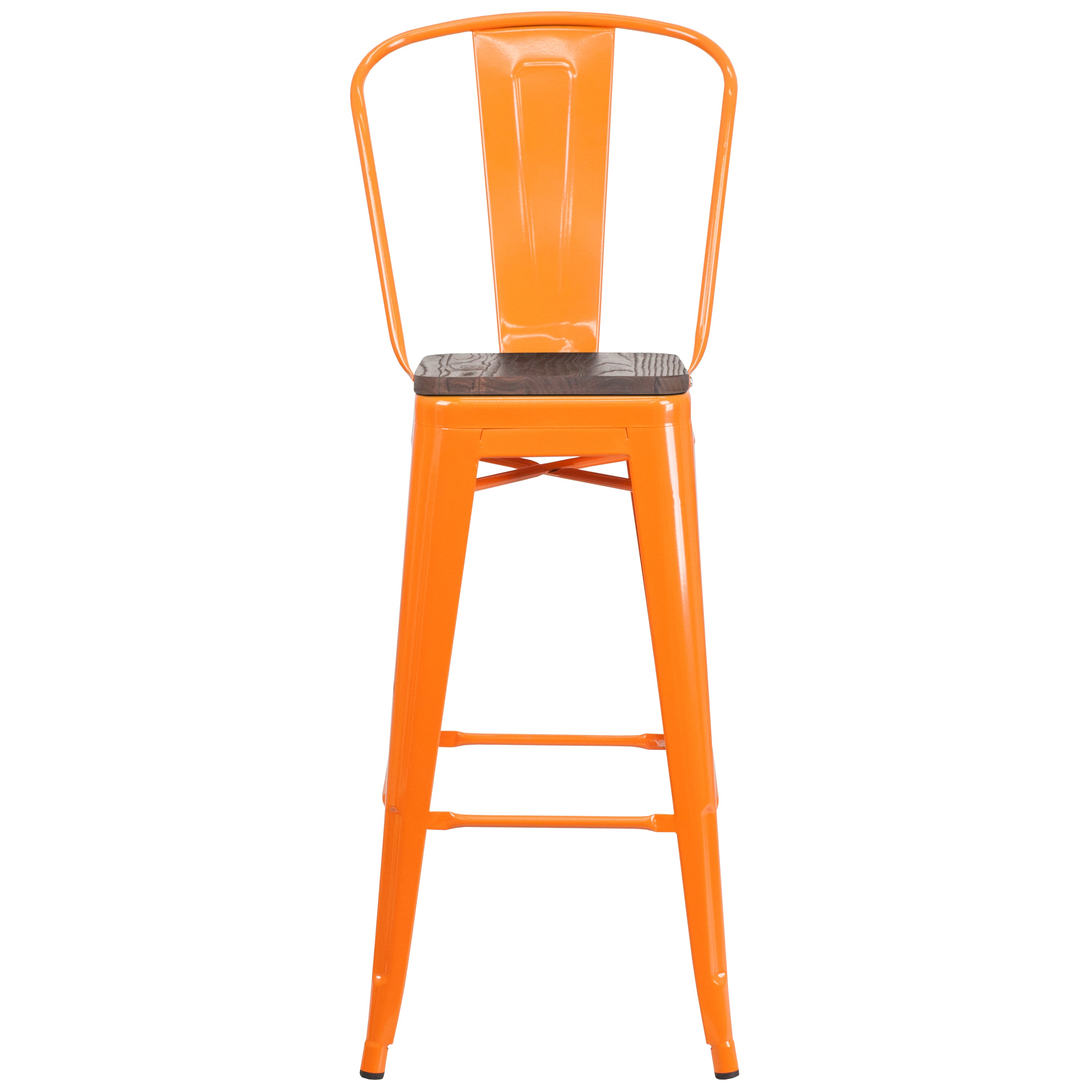 Lily 30" High Orange Metal Barstool with Back and Wood Seat