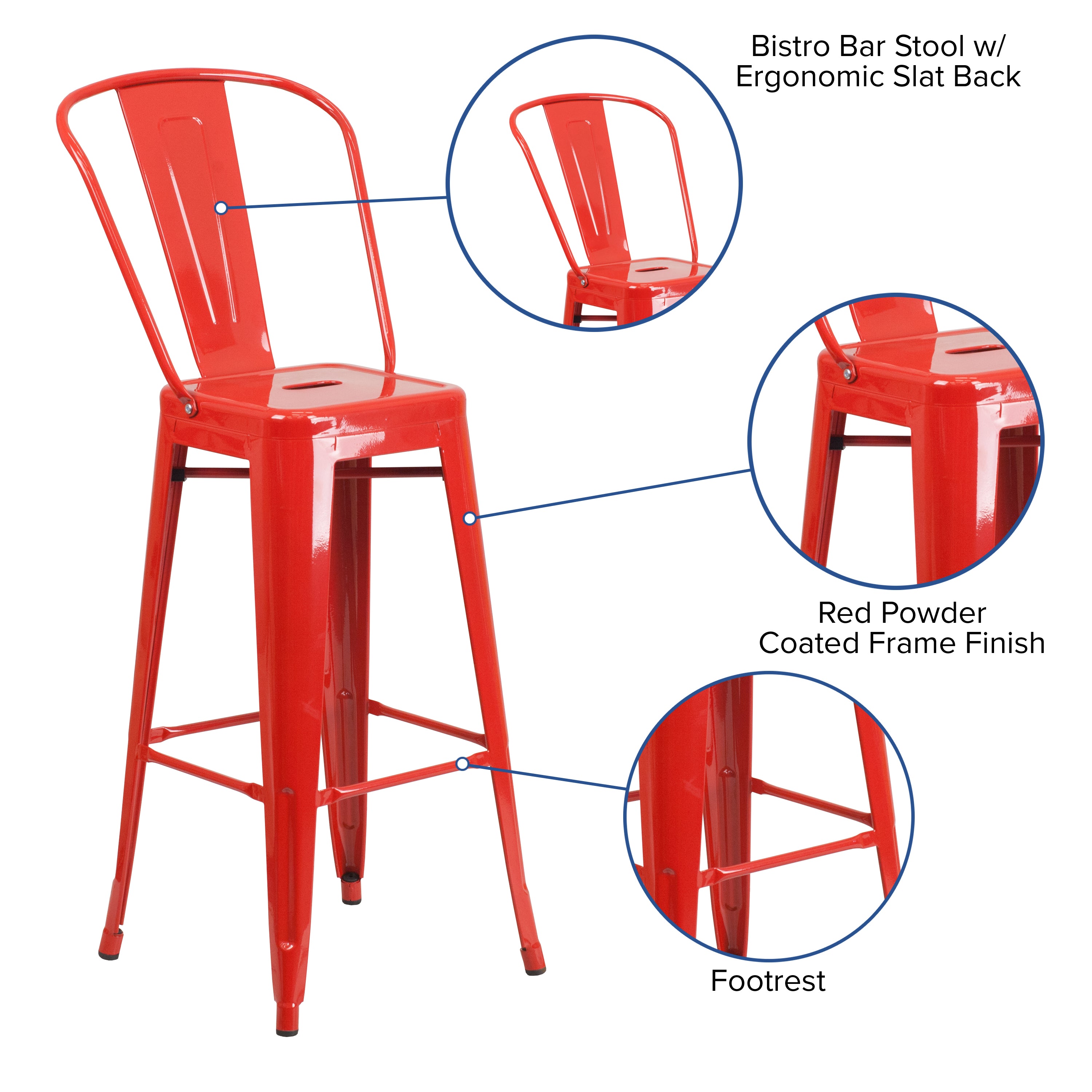 Kai Commercial Grade 30" High Red Metal Indoor-Outdoor Barstool with Removable Back