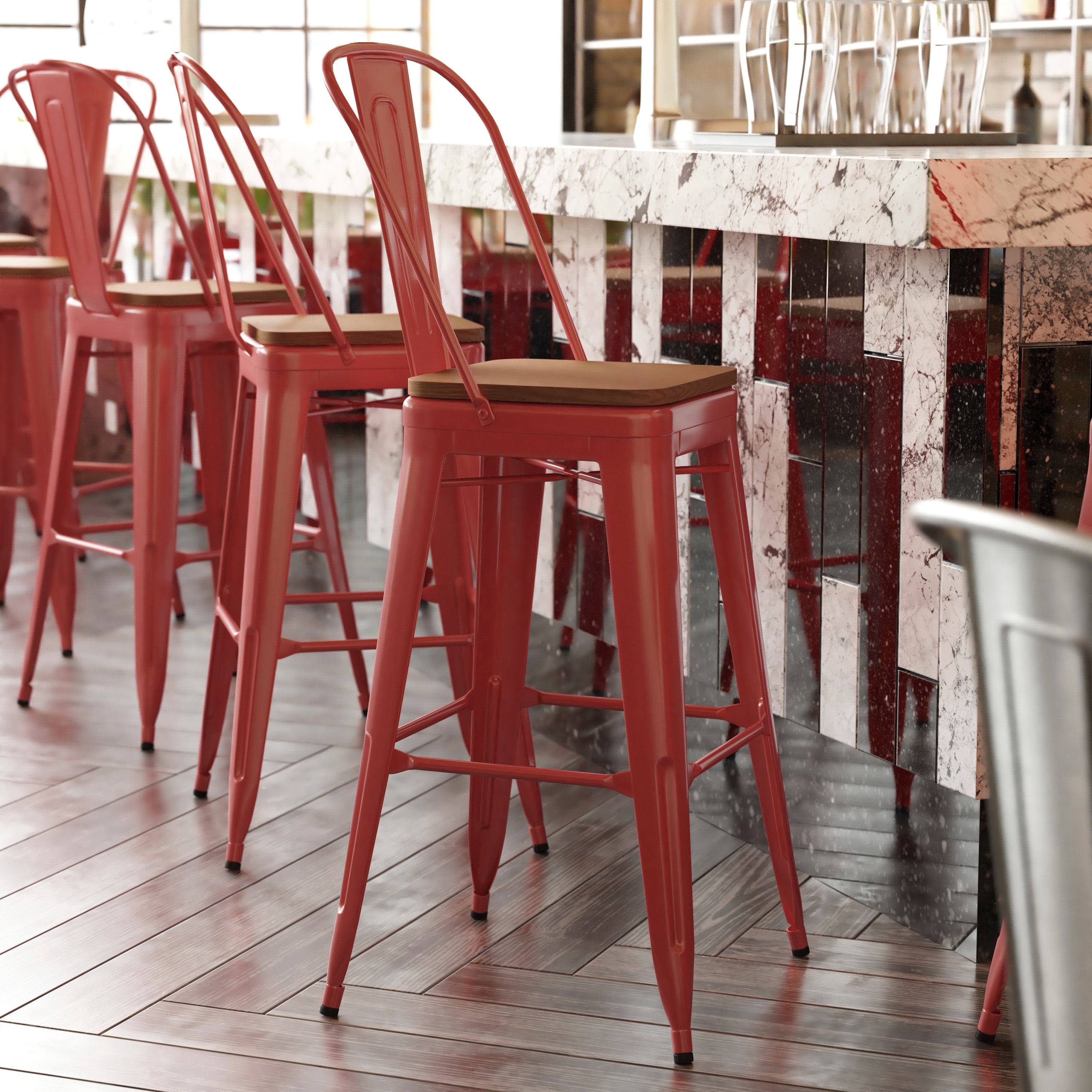 Kai Commercial Grade 30" High Red Metal Indoor-Outdoor Bar Height Stool with Removable Back and Teak All-Weather Poly Resin Seat
