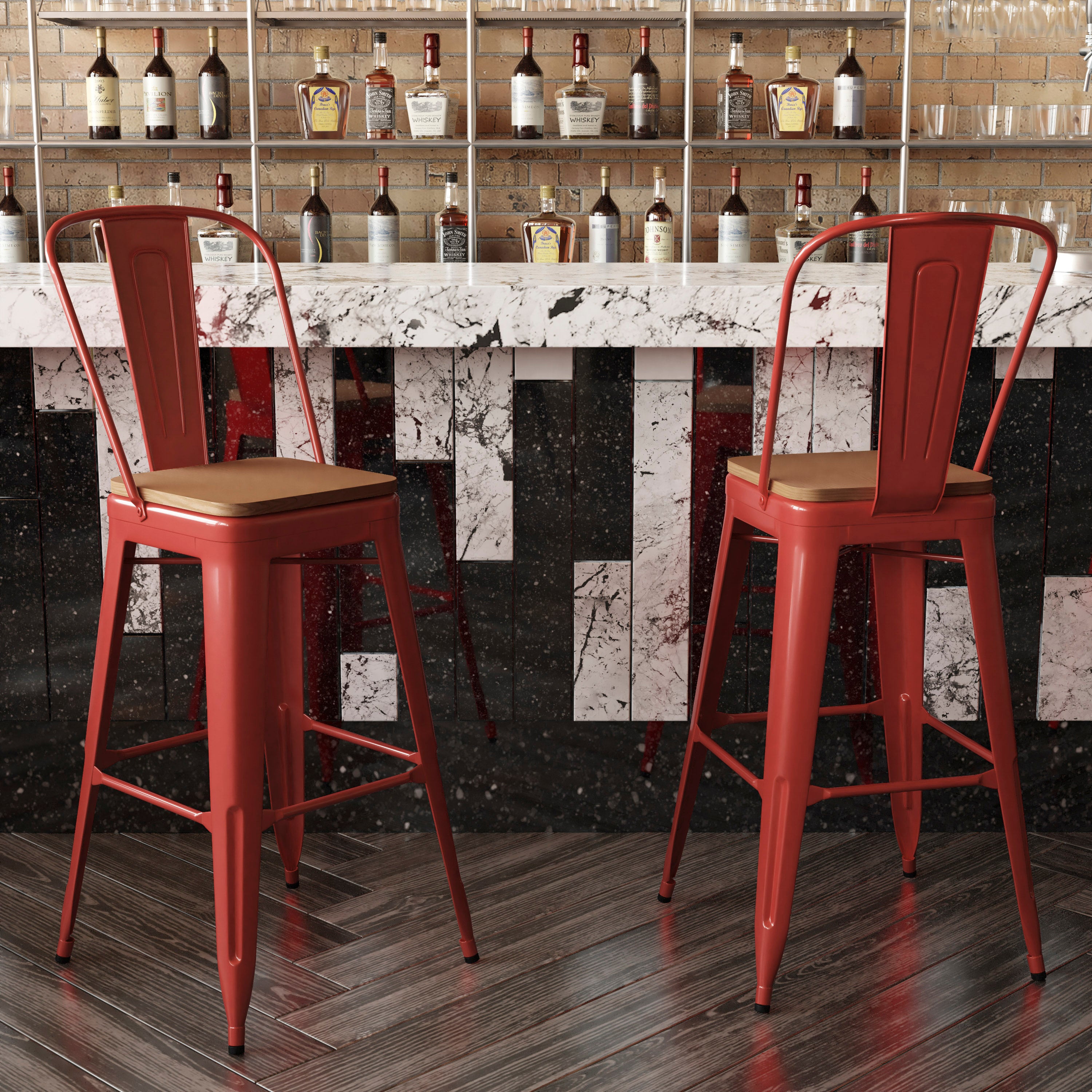 Kai Commercial Grade 30" High Red Metal Indoor-Outdoor Bar Height Stool with Removable Back and Teak All-Weather Poly Resin Seat