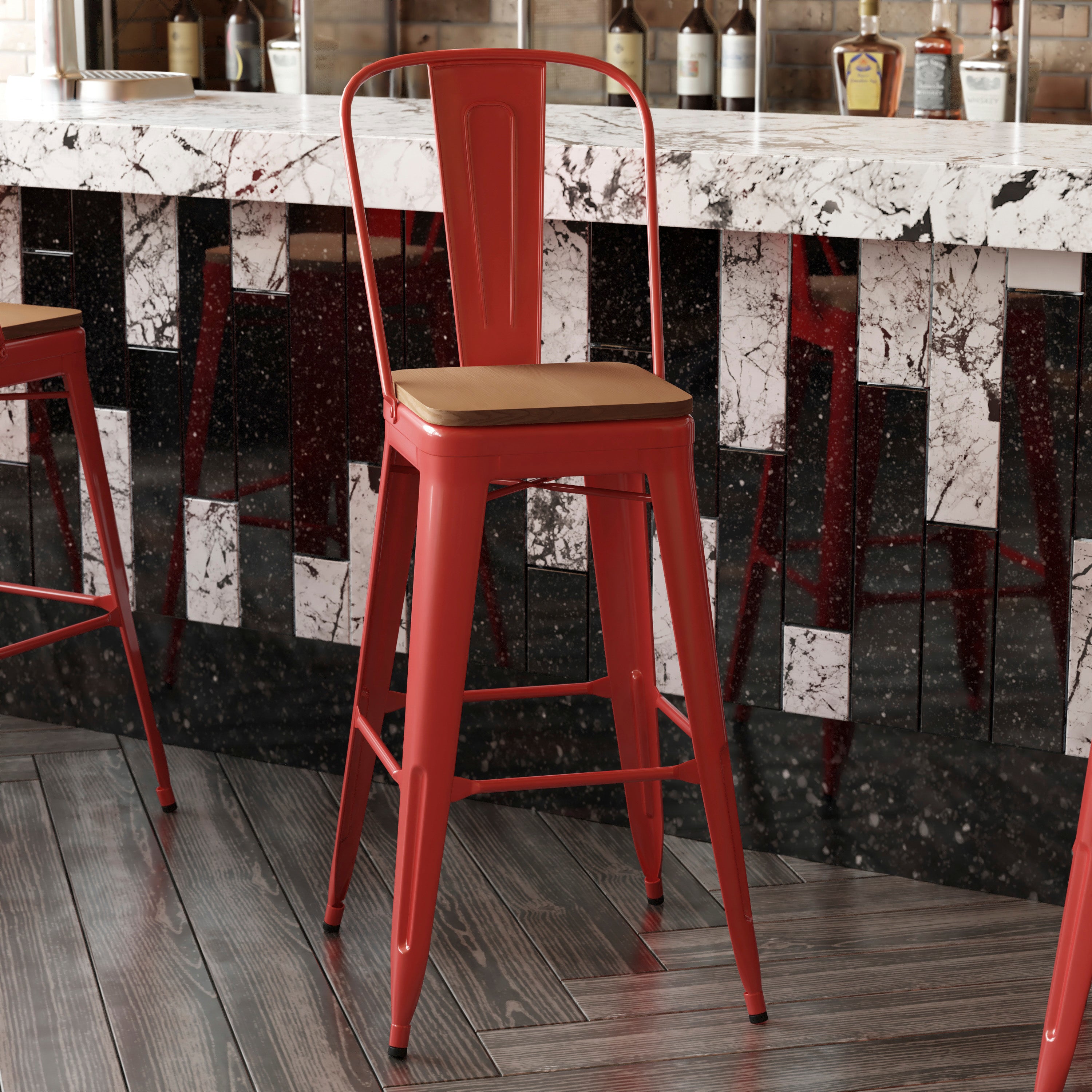 Kai Commercial Grade 30" High Red Metal Indoor-Outdoor Bar Height Stool with Removable Back and Teak All-Weather Poly Resin Seat