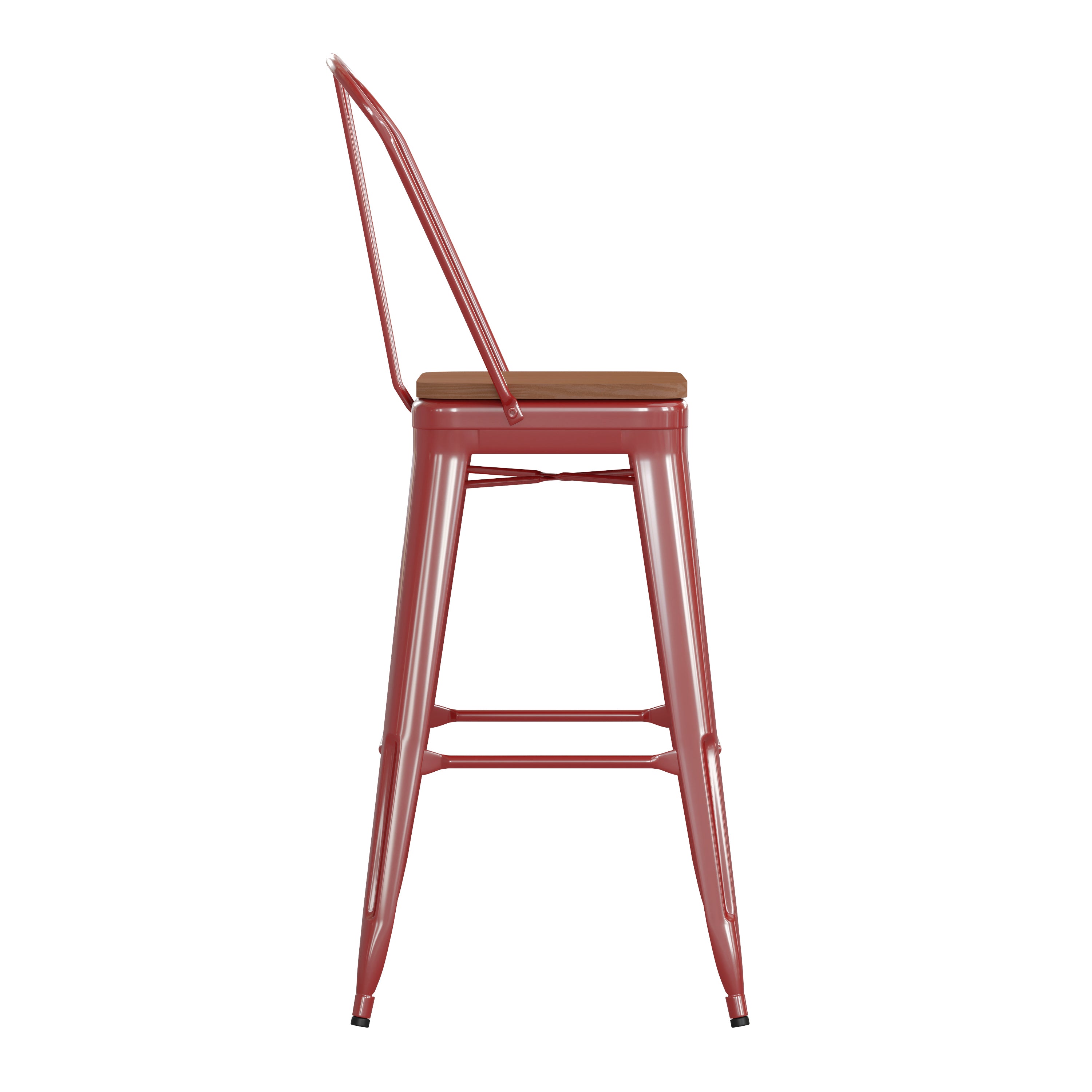 Kai Commercial Grade 30" High Red Metal Indoor-Outdoor Bar Height Stool with Removable Back and Teak All-Weather Poly Resin Seat
